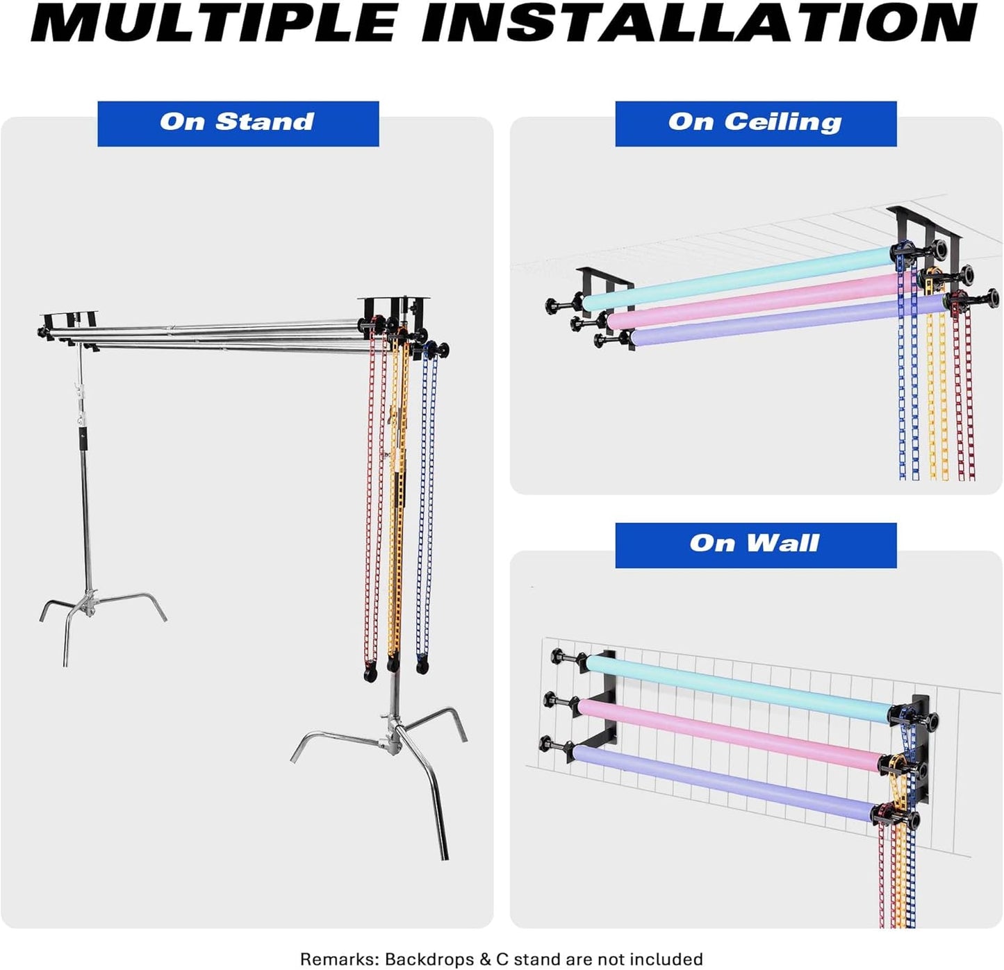 Photography Backdrop 3 Roller Support System, 118' Stainless Steel Crossbars Manual Backdrop Stand, Wall/Ceiling