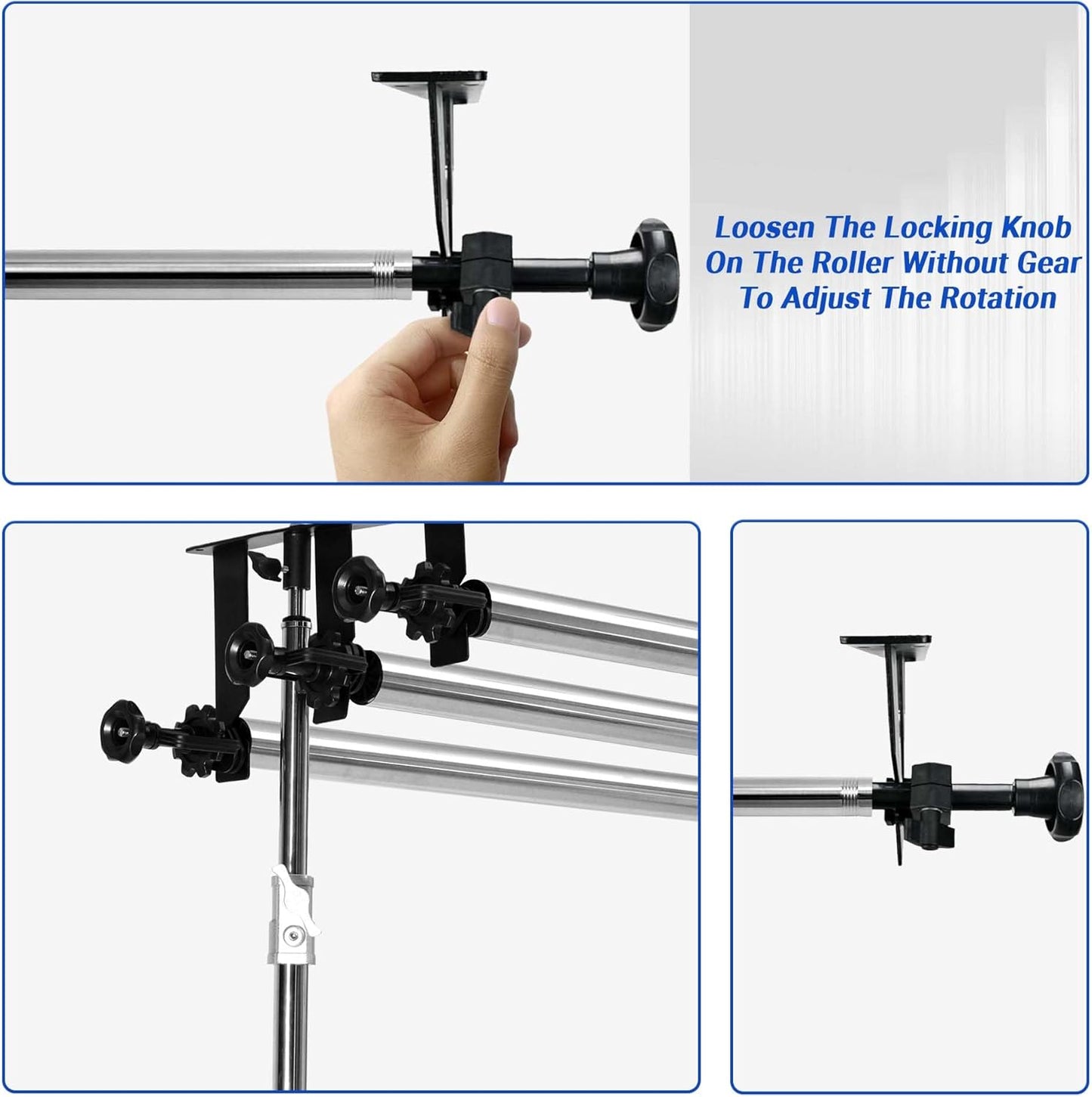 Photography Backdrop 3 Roller Support System, 118' Stainless Steel Crossbars Manual Backdrop Stand, Wall/Ceiling