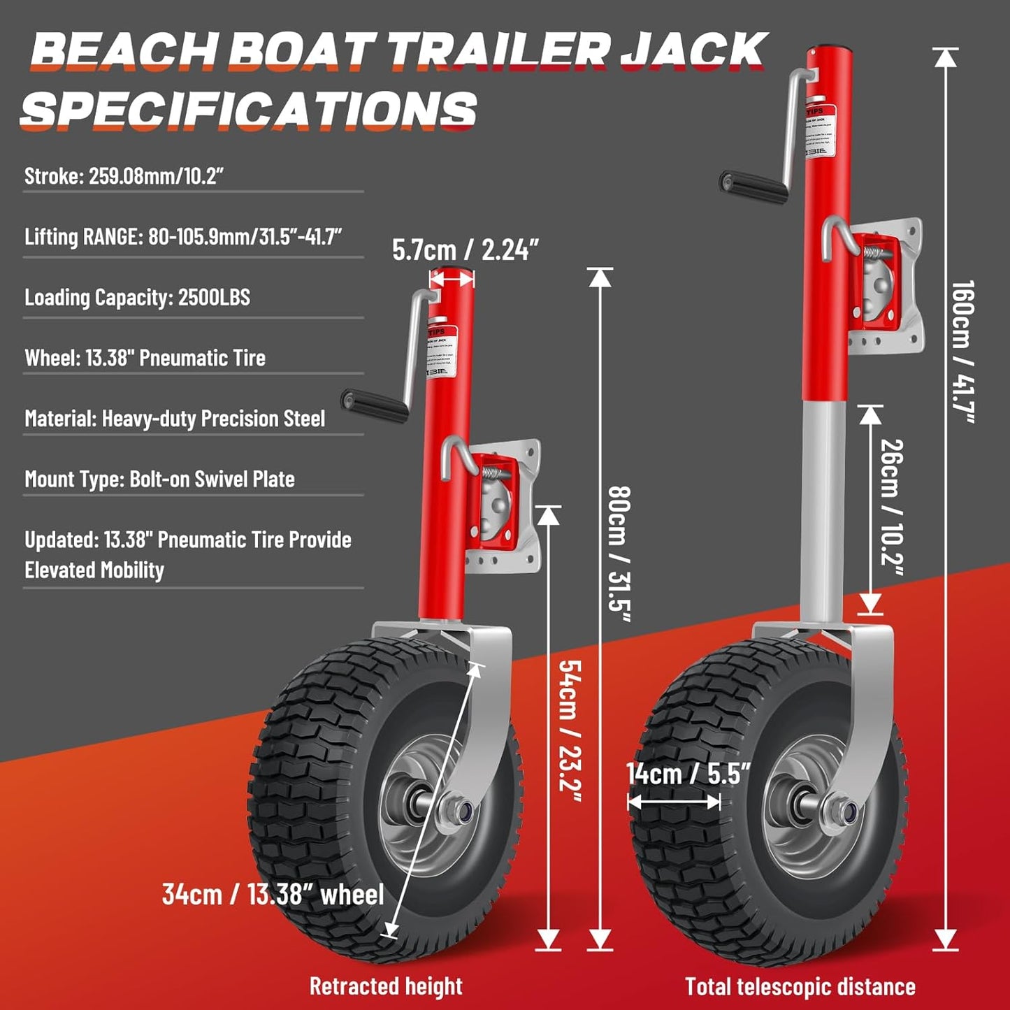 Beach Boat Trailer Jack 2500 lbs Capacity with 13.3' Wheels-Heavy Duty for 10.2' Lift, Bolt-On Swivel Tongue, Red