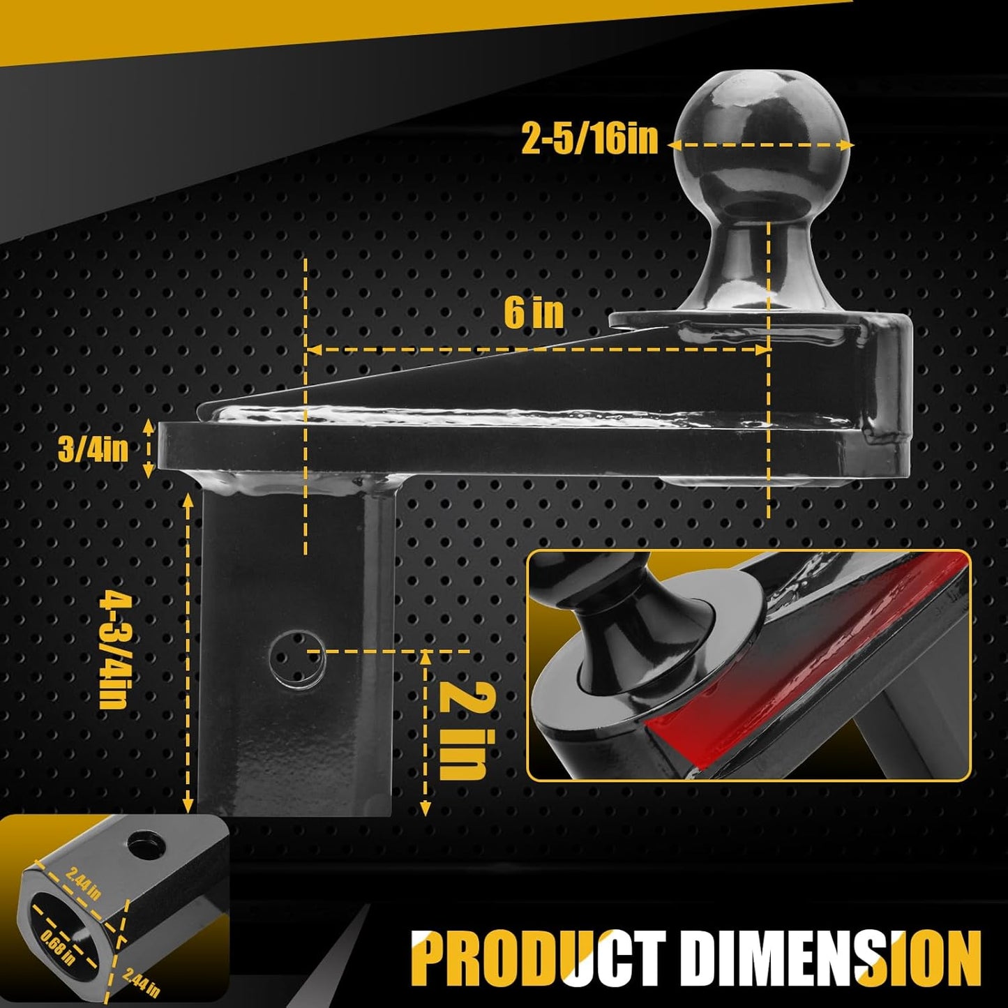 6' Offset Ball, for Gooseneck Trailer Hitches, 20000 lbs GTW/5000 lbs VTW, 2-5/16' Diameter, w/ 4 washers, Black