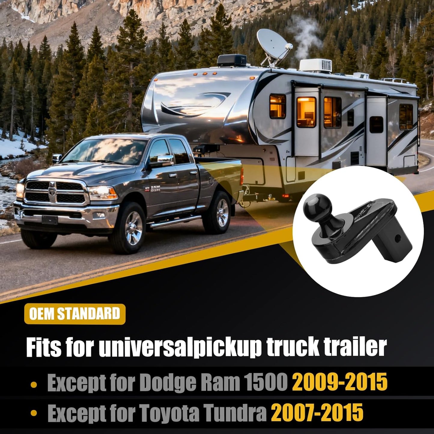 6' Offset Ball, for Gooseneck Trailer Hitches, 20000 lbs GTW/5000 lbs VTW, 2-5/16' Diameter, w/ 4 washers, Black