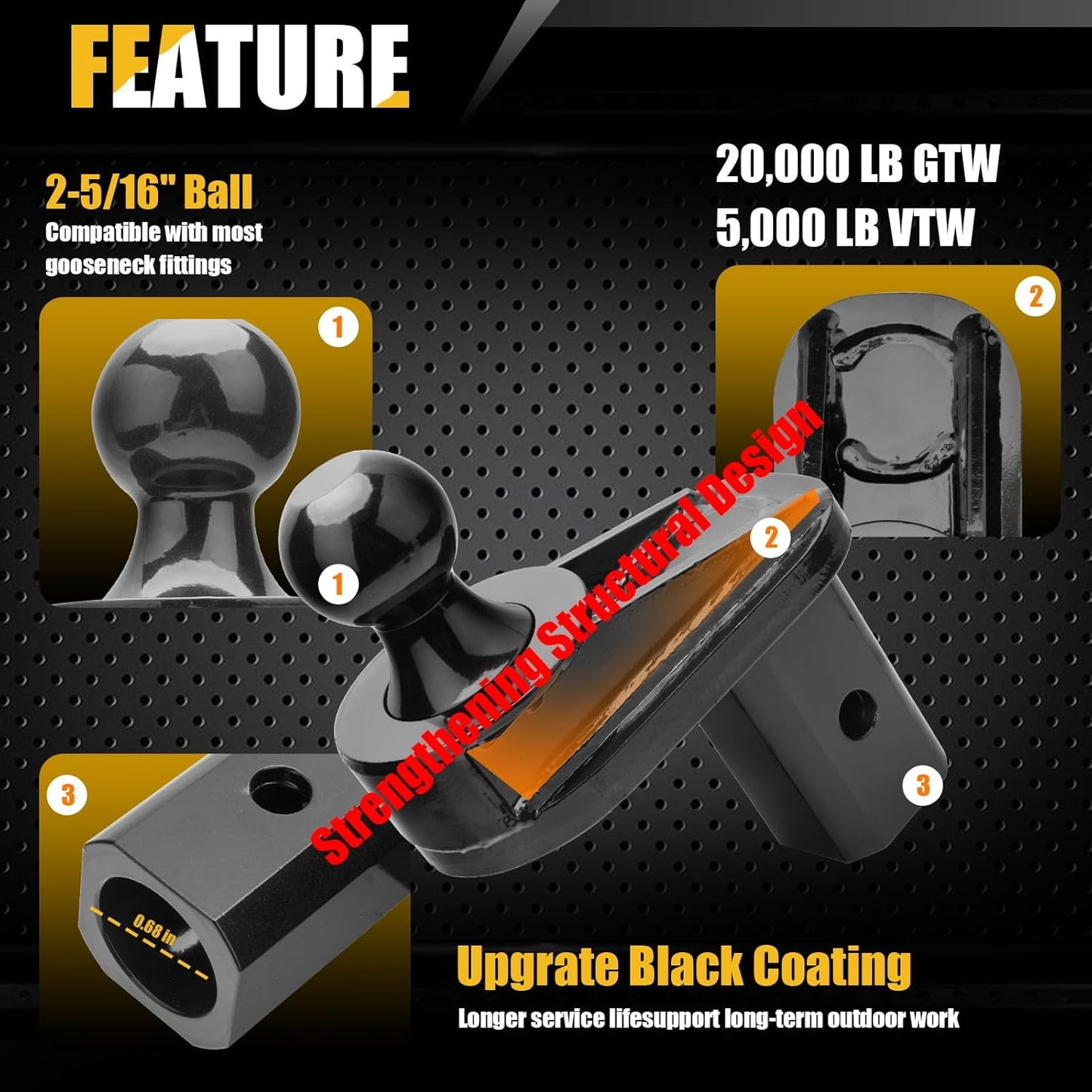 6' Offset Ball, for Gooseneck Trailer Hitches, 20000 lbs GTW/5000 lbs VTW, 2-5/16' Diameter, w/ 4 washers, Black