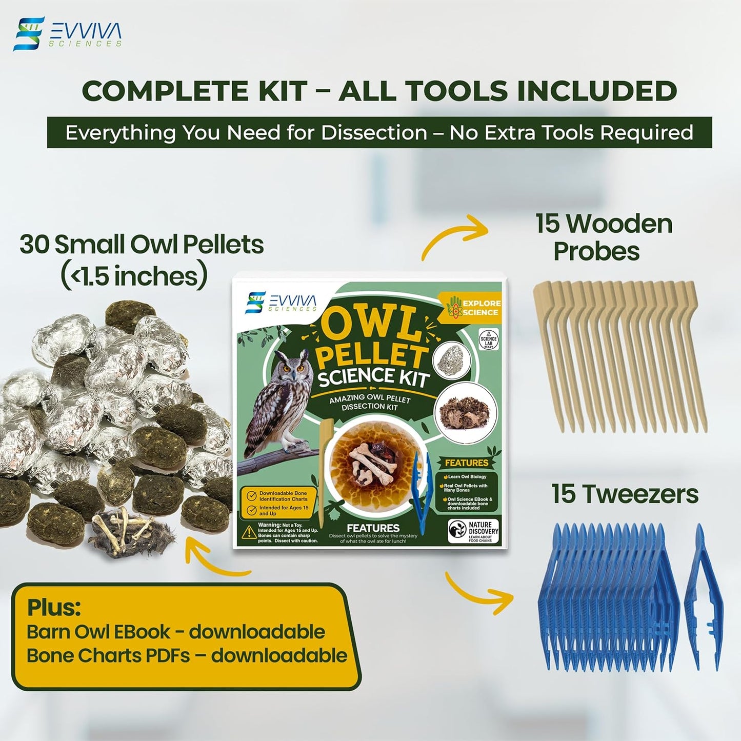Owl Pellet Kit, Dissect 30 Mostly Small Real Owl Pellets w/Tools & PDF Bone Charts - Science Education Kit for 15+ -