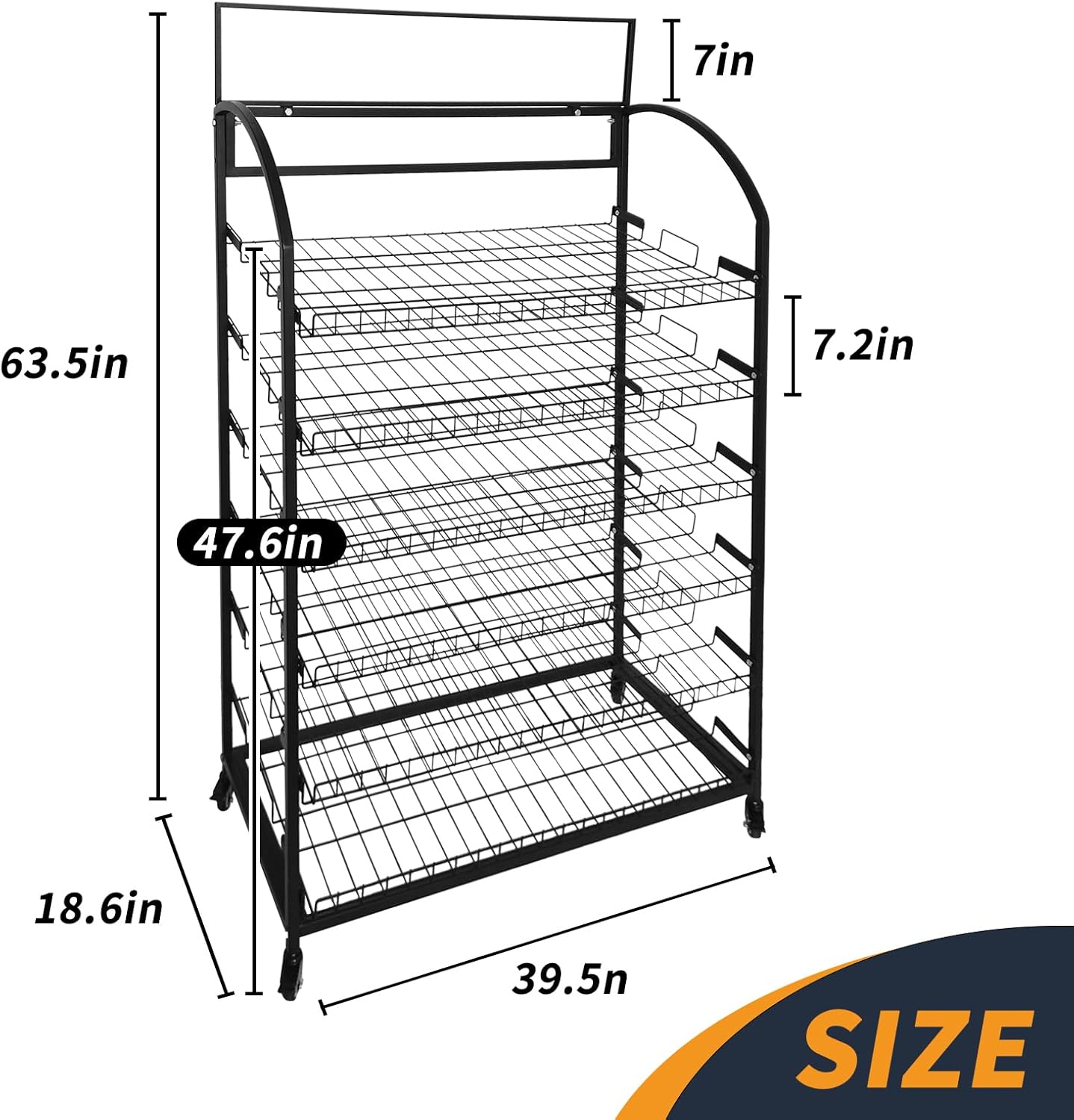 Bakery Display Rack: Equipped w/ Wheels and Header Holder, 39.5' Wide, 6 Shelves Black