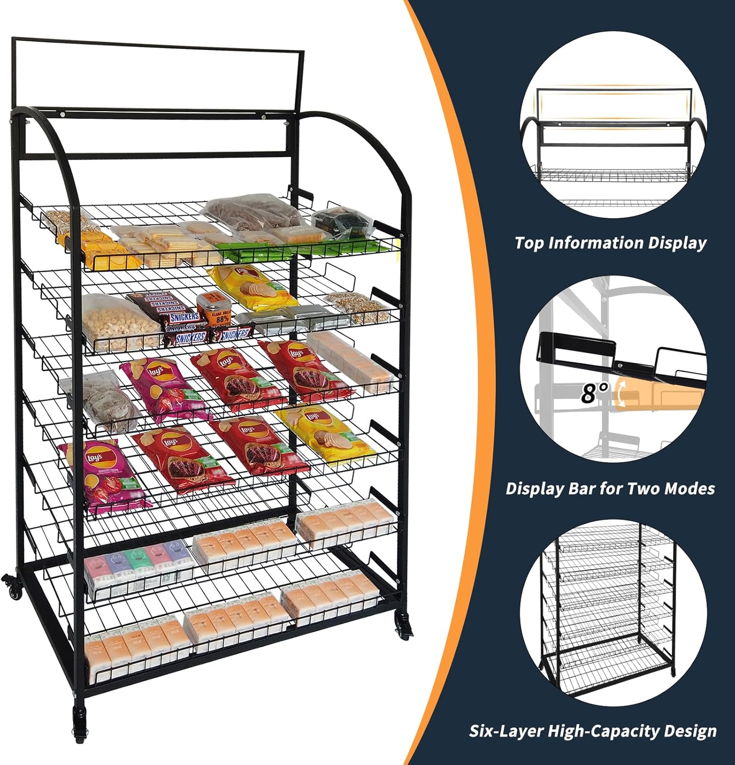 Bakery Display Rack: Equipped w/ Wheels and Header Holder, 39.5' Wide, 6 Shelves Black