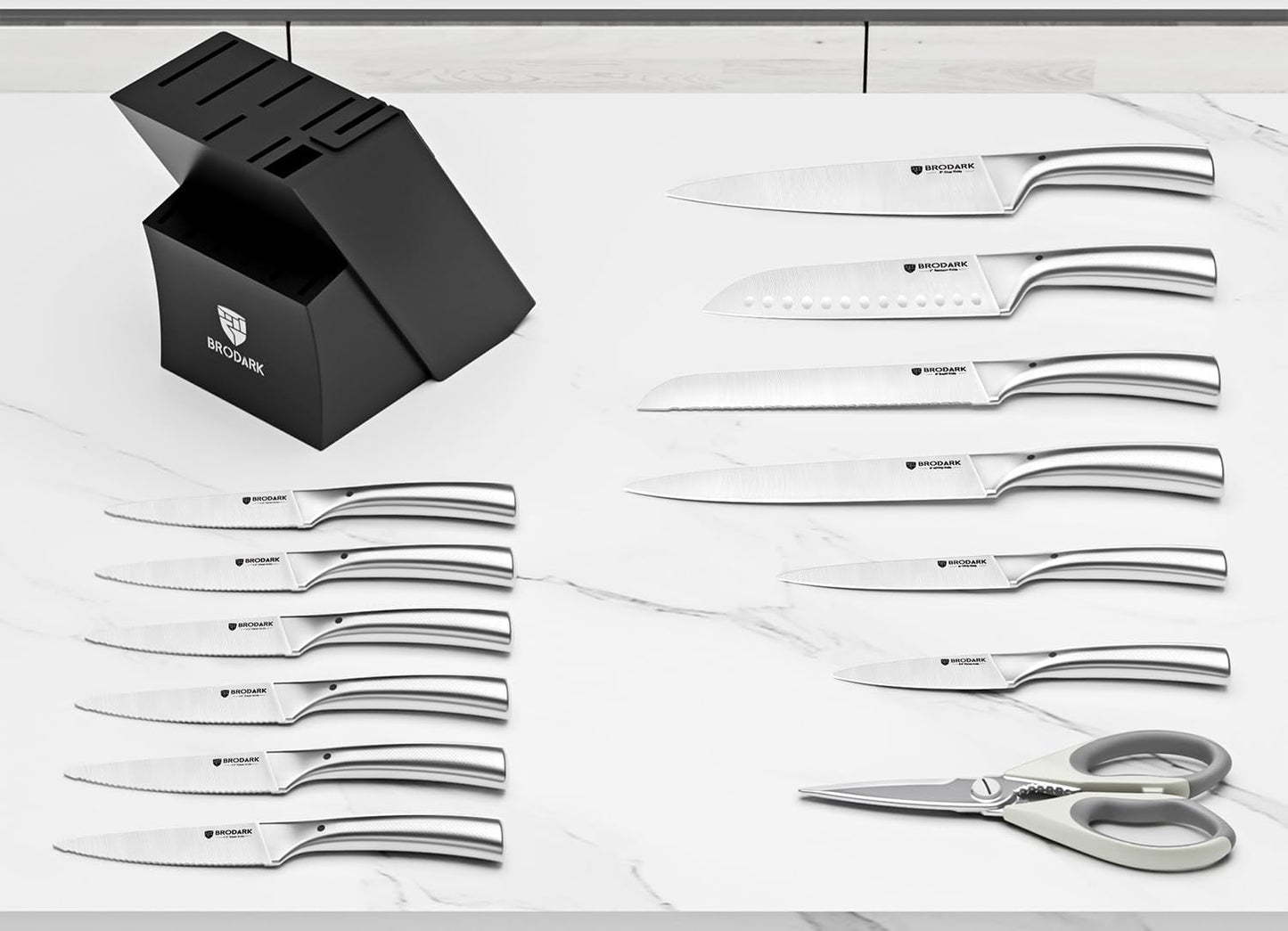 Kitchen Knives Set with Block & Built-in Sharpener, 15 Pcs Ultra Sharp Chef knife, High Carbon Stainless Steel, Etched Handle