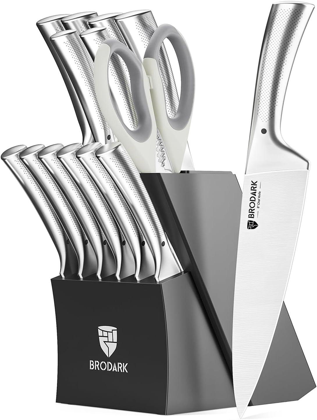 Kitchen Knives Set with Block & Built-in Sharpener, 15 Pcs Ultra Sharp Chef knife, High Carbon Stainless Steel, Etched Handle