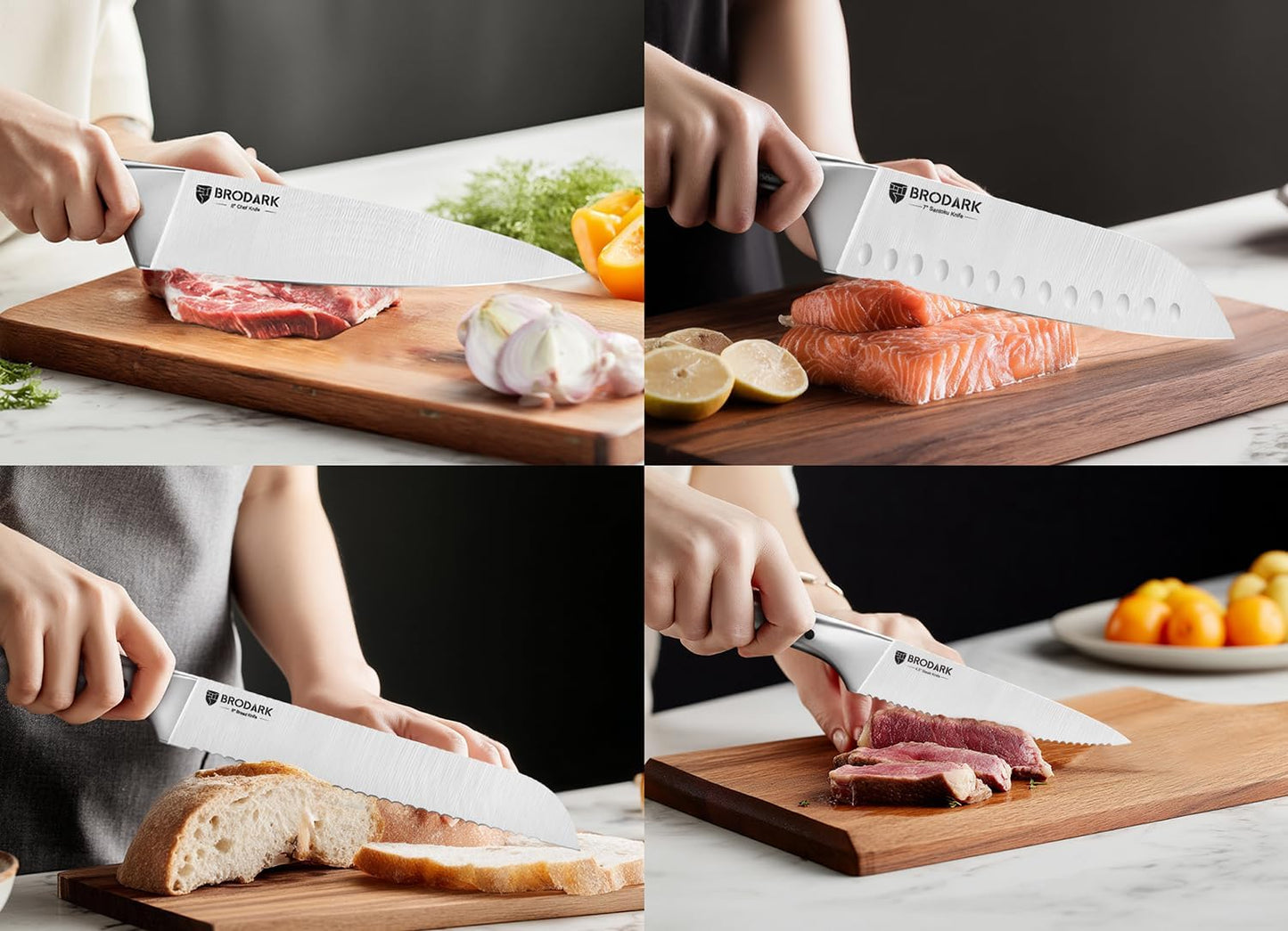 Kitchen Knives Set with Block & Built-in Sharpener, 15 Pcs Ultra Sharp Chef knife, High Carbon Stainless Steel, Etched Handle