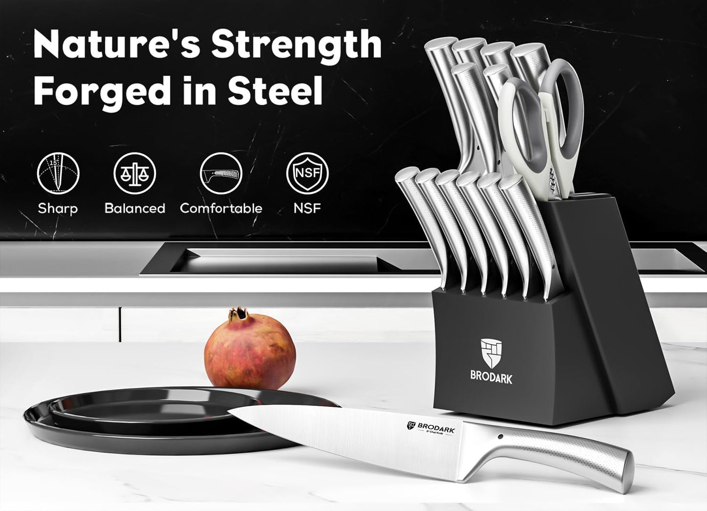 Kitchen Knives Set with Block & Built-in Sharpener, 15 Pcs Ultra Sharp Chef knife, High Carbon Stainless Steel, Etched Handle