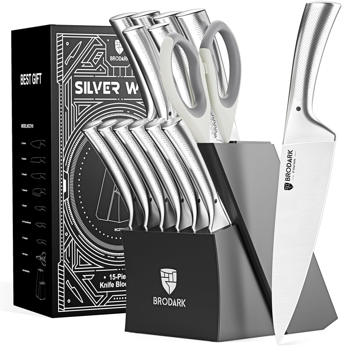Kitchen Knives Set with Block & Built-in Sharpener, 15 Pcs Ultra Sharp Chef knife, High Carbon Stainless Steel, Etched Handle