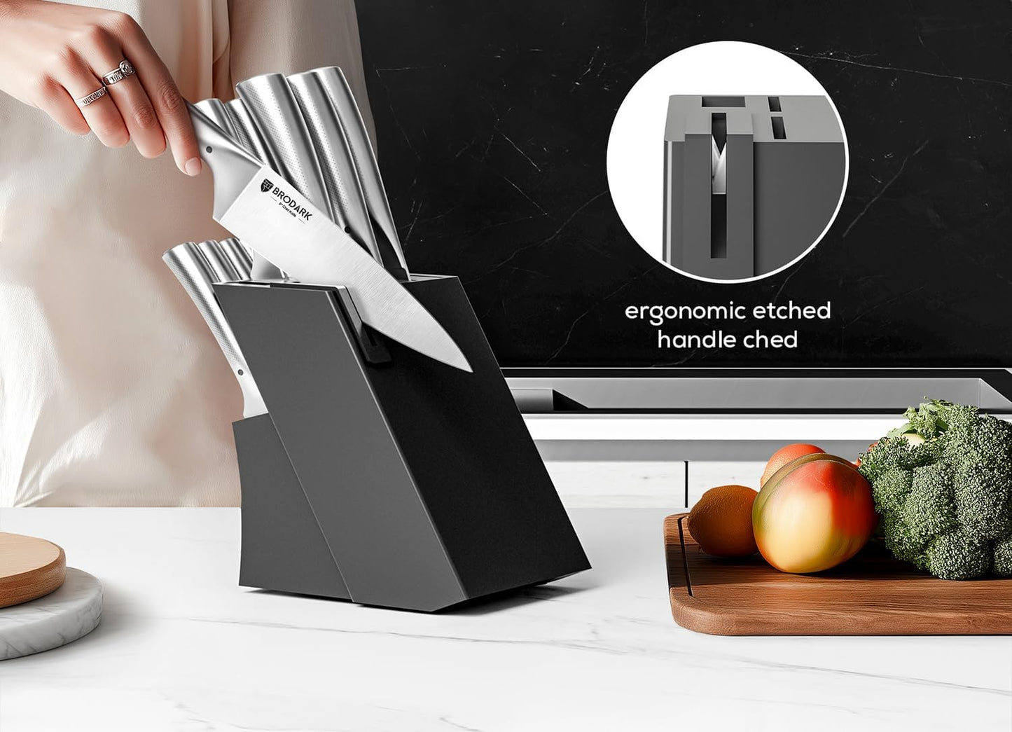 Kitchen Knives Set with Block & Built-in Sharpener, 15 Pcs Ultra Sharp Chef knife, High Carbon Stainless Steel, Etched Handle