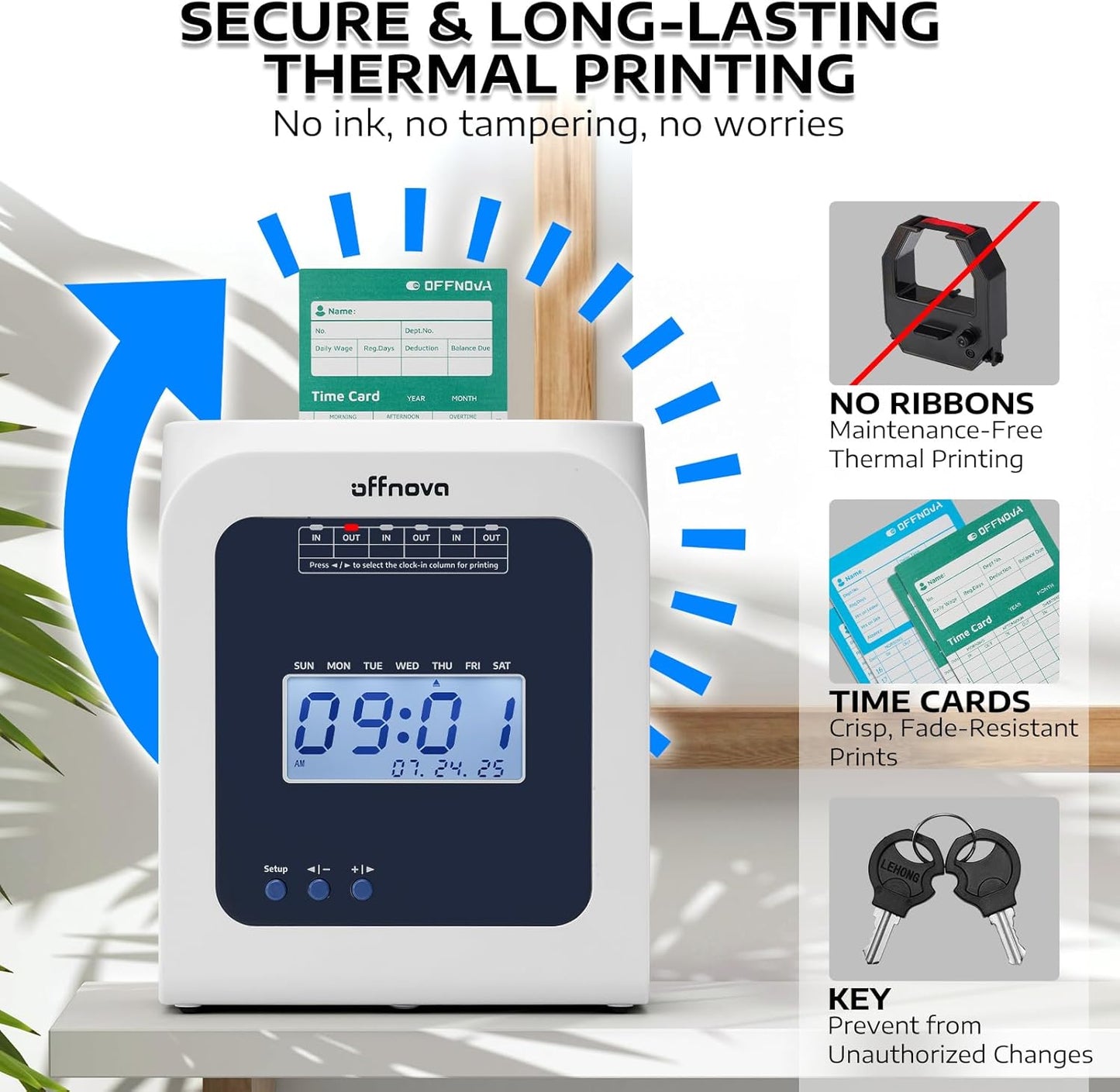 Thermal Time Clock for Employees Small Business, No Ink Ribbons or Network Needed, 50 Time Cards, White