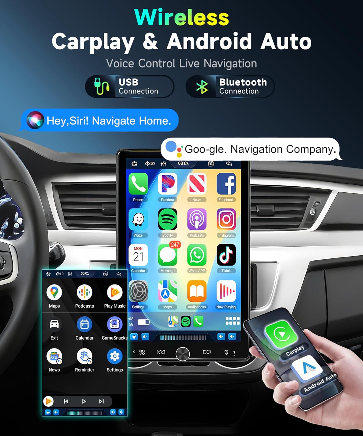 10.4' Single Din Car Stereo w/Wireless Carplay/Android Detachable Touch Backup Camera, FM Radio