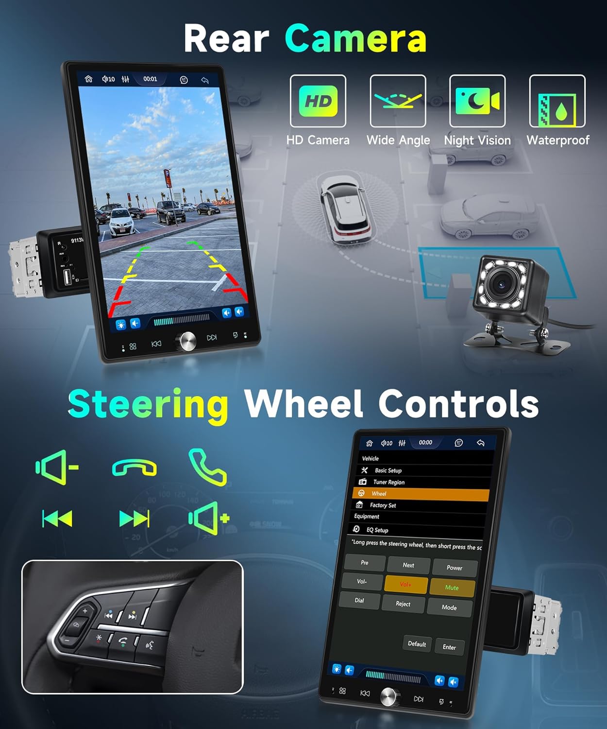 10.4' Single Din Car Stereo w/Wireless Carplay/Android Detachable Touch Backup Camera, FM Radio