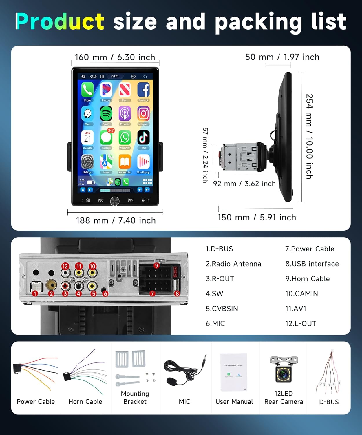 10.4' Single Din Car Stereo w/Wireless Carplay/Android Detachable Touch Backup Camera, FM Radio