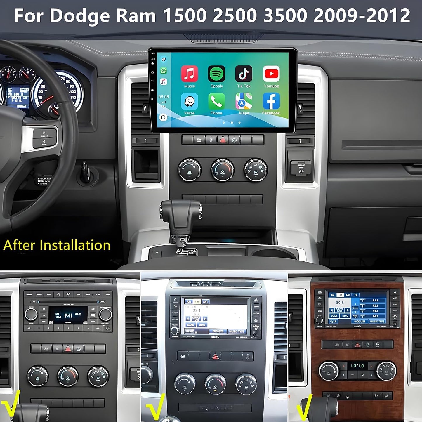Car Radio Stereo for Dodge Ram 1500 2500 3500 2009-2012: Upgrade 10.2 Inch Touchscreen, Wireless CarPlay/Android