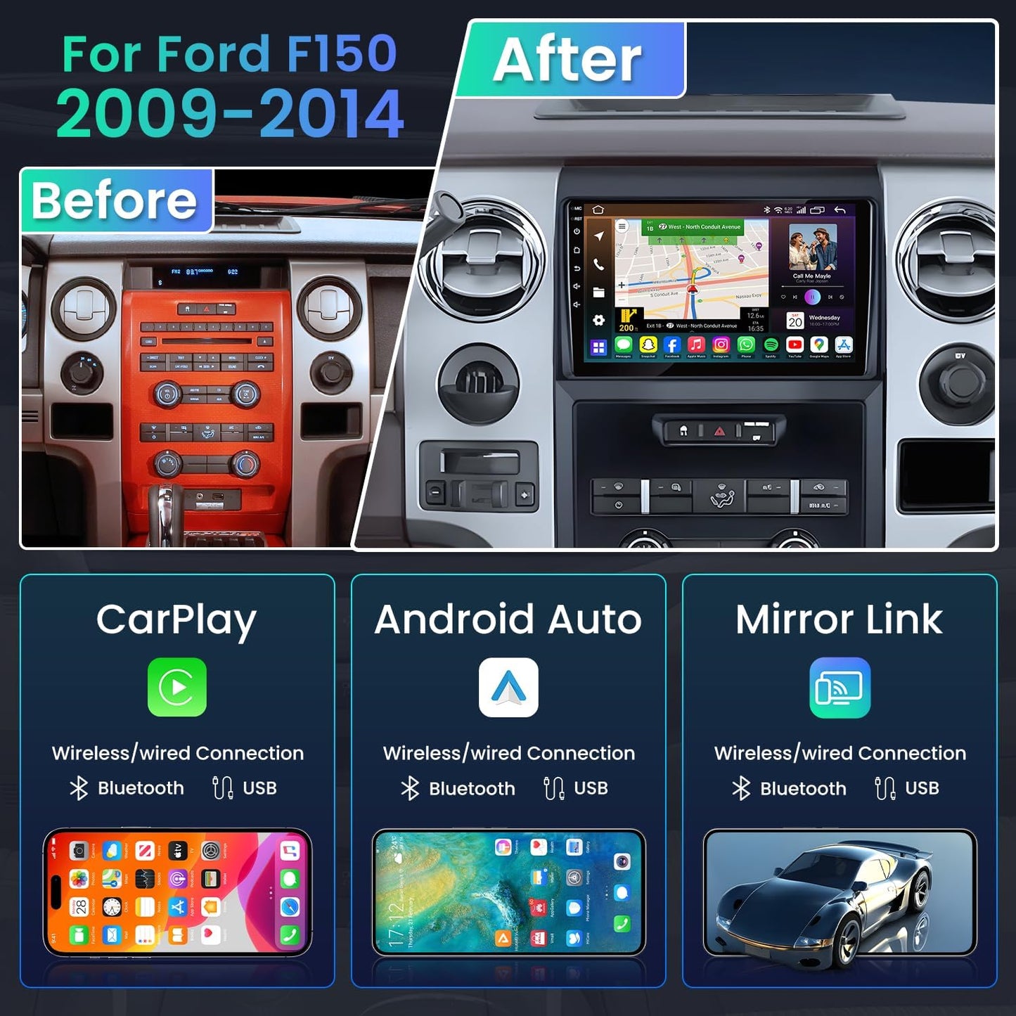 Car Radio for Ford F150 2009-2014, 9 Inch Touchscreen Car Stereo with Wireless CarPlay/Android