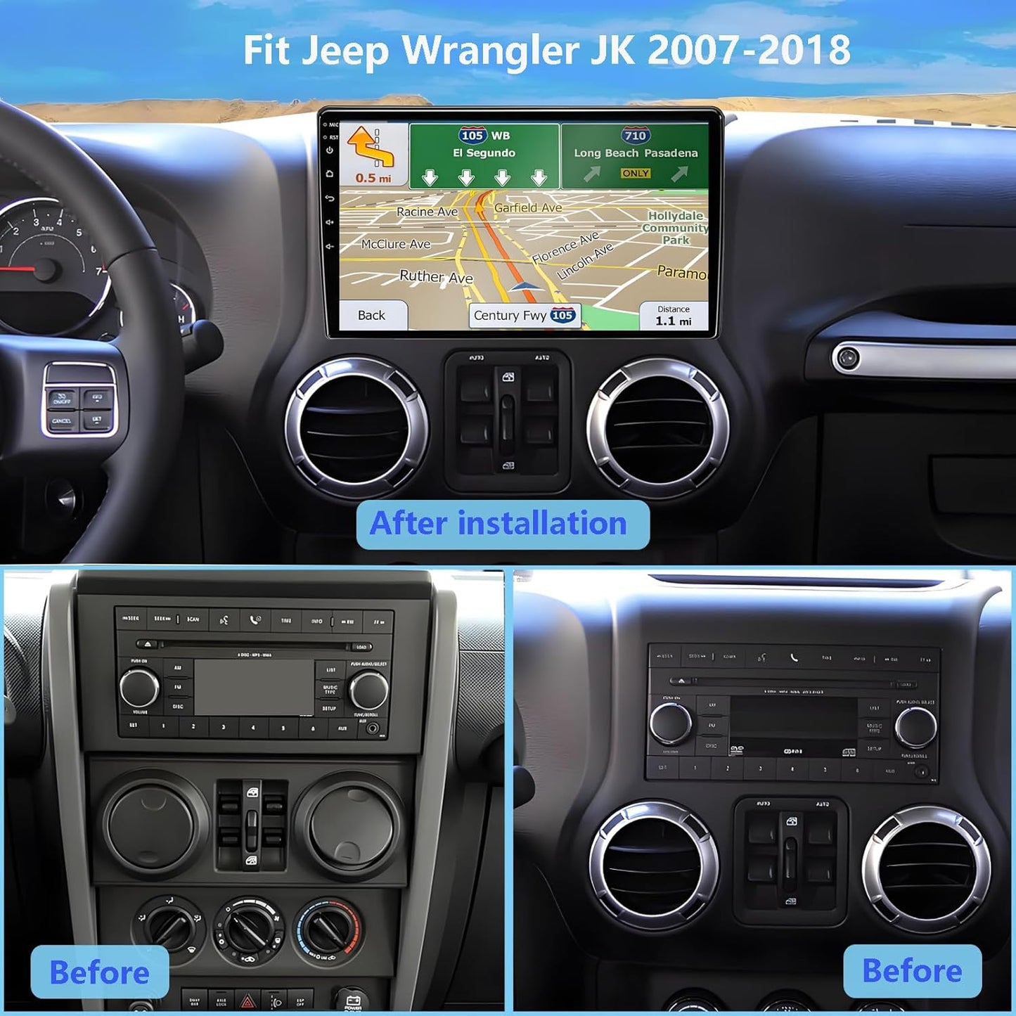 Car Radio Replacement for Jeep Wrangler JK 2007-2018, 10.2' Touchscreen Stereo with Wireless CarPlay Android Auto