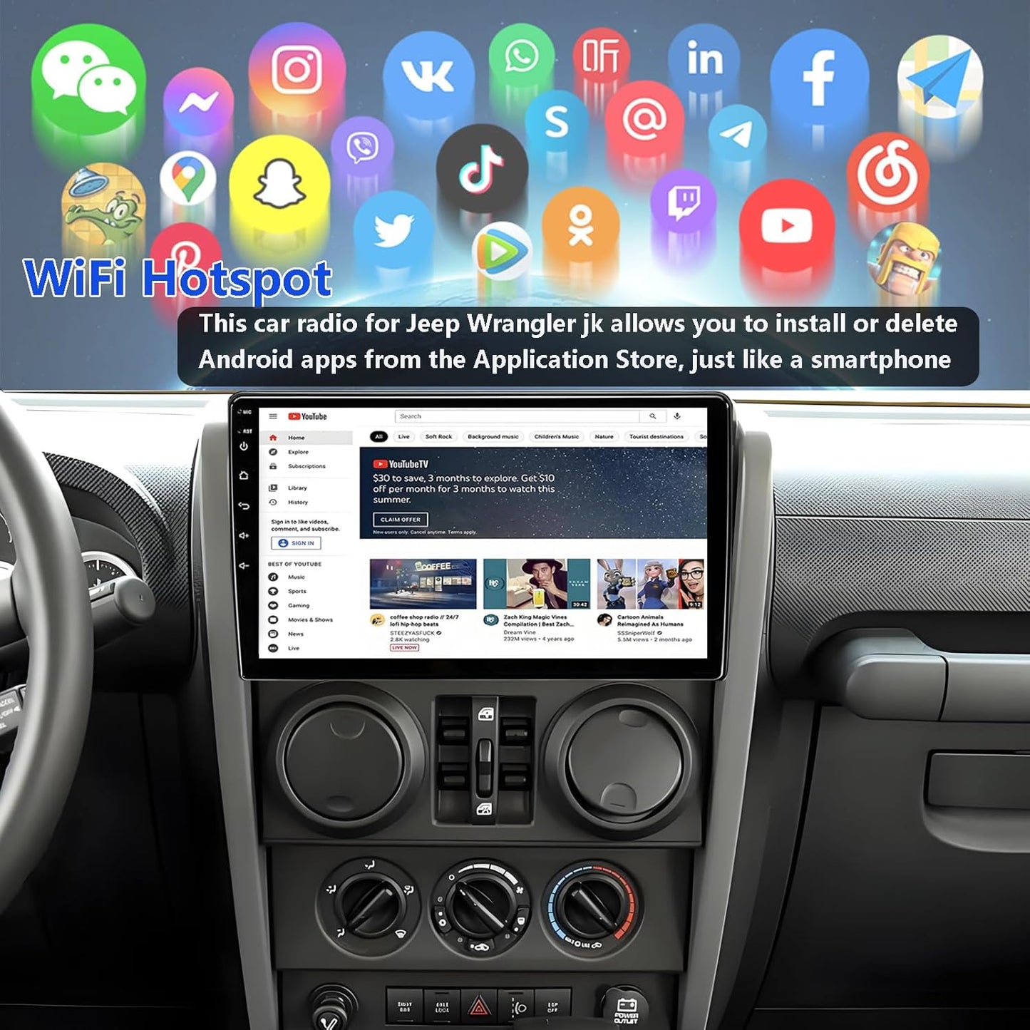 Car Radio Replacement for Jeep Wrangler JK 2007-2018, 10.2' Touchscreen Stereo with Wireless CarPlay Android Auto