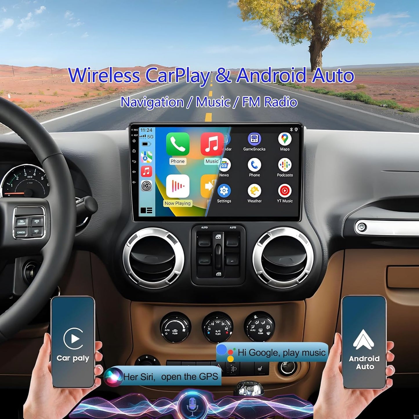 Car Radio Replacement for Jeep Wrangler JK 2007-2018, 10.2' Touchscreen Stereo with Wireless CarPlay Android Auto