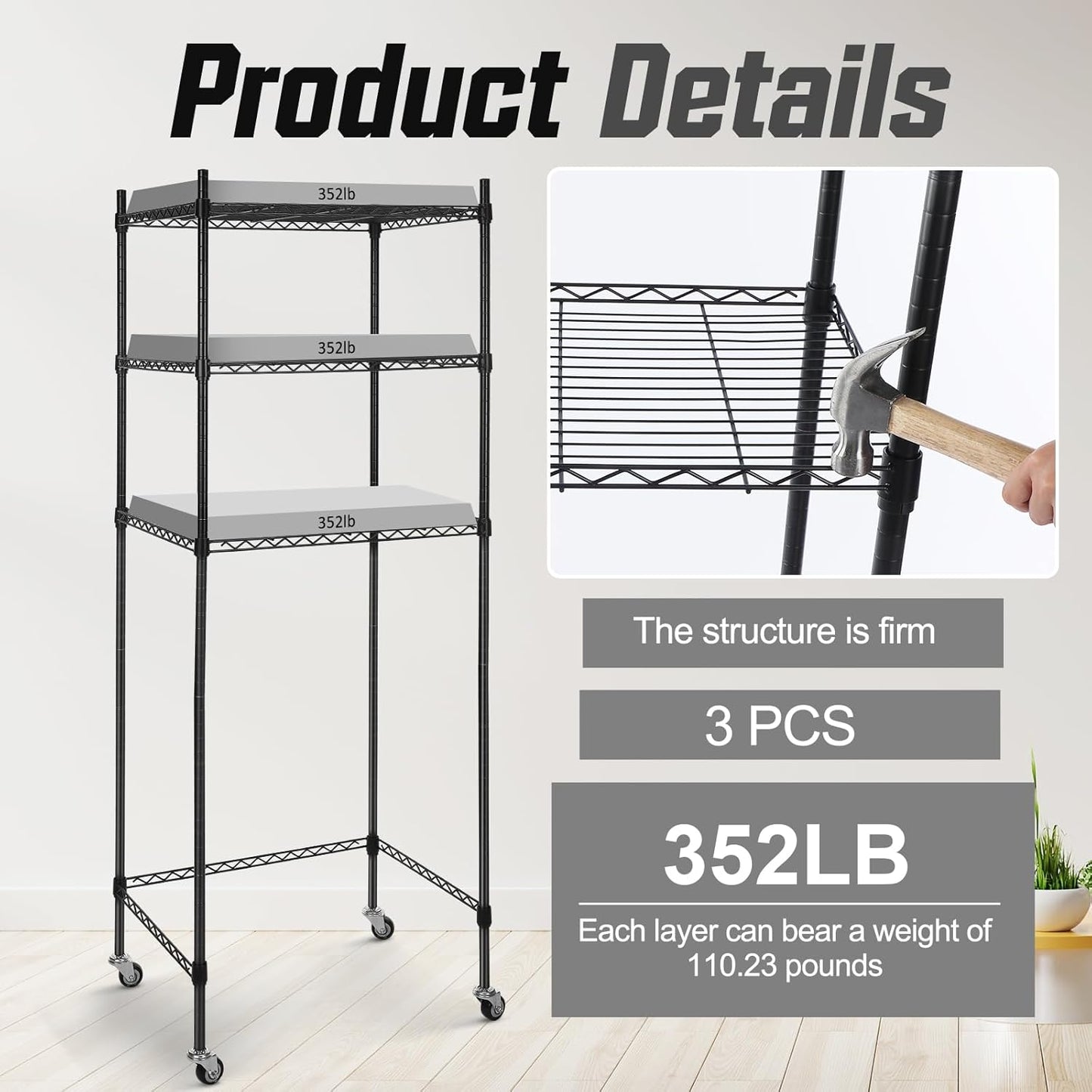 3 Tier Mini Fridge Shelf Microwave Stand Adjustable Storage Rack w/ Lockable Wheels, 8 Hook Multilayer Metal Shelving