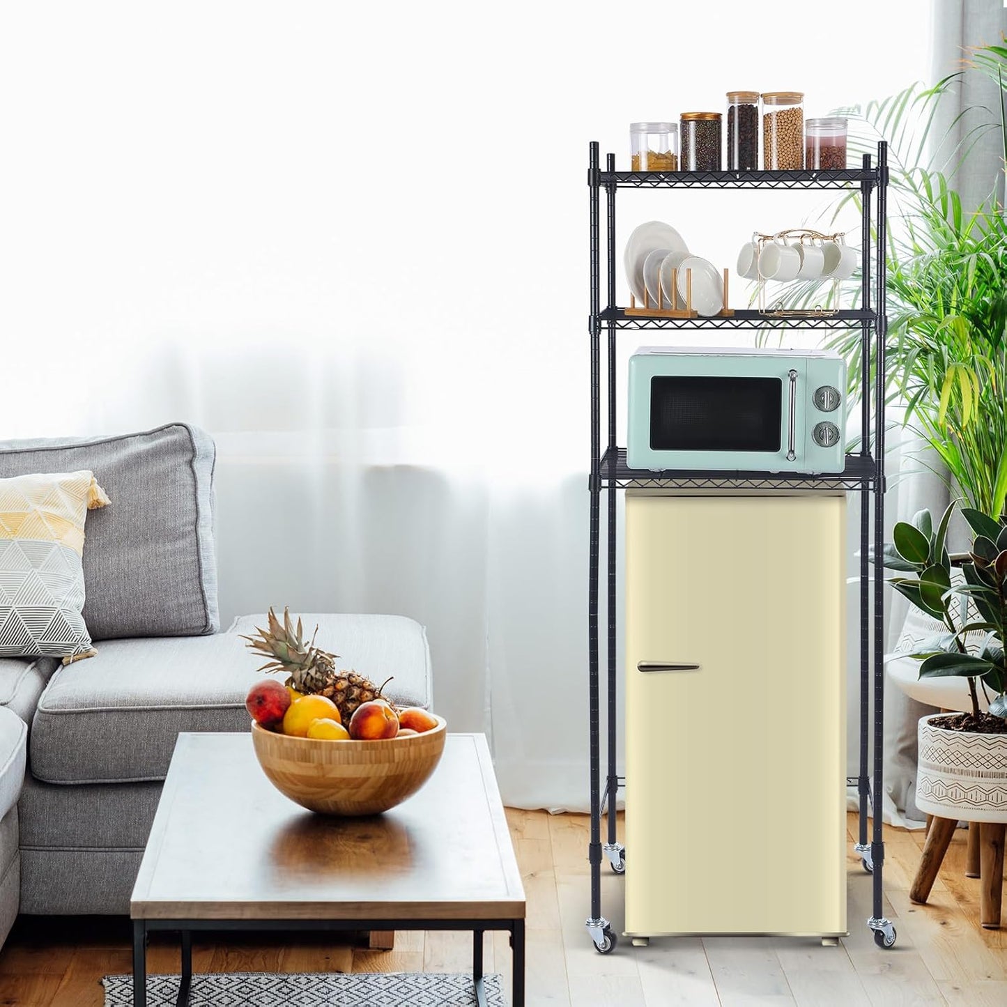 3 Tier Mini Fridge Shelf Microwave Stand Adjustable Storage Rack w/ Lockable Wheels, 8 Hook Multilayer Metal Shelving