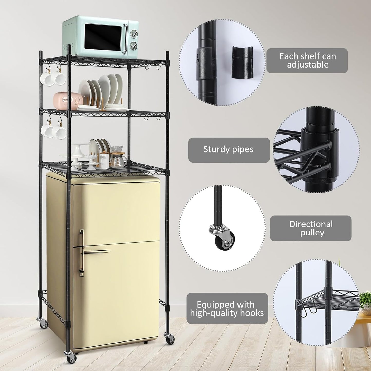 3 Tier Mini Fridge Shelf Microwave Stand Adjustable Storage Rack w/ Lockable Wheels, 8 Hook Multilayer Metal Shelving