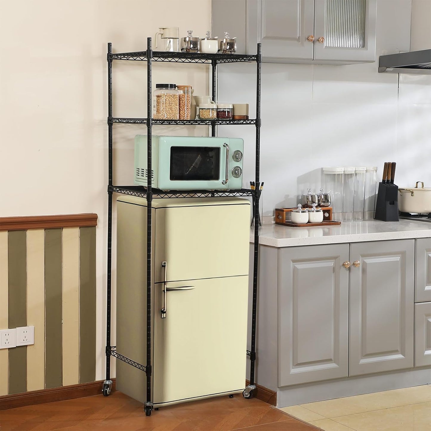 3 Tier Mini Fridge Shelf Microwave Stand Adjustable Storage Rack w/ Lockable Wheels, 8 Hook Multilayer Metal Shelving