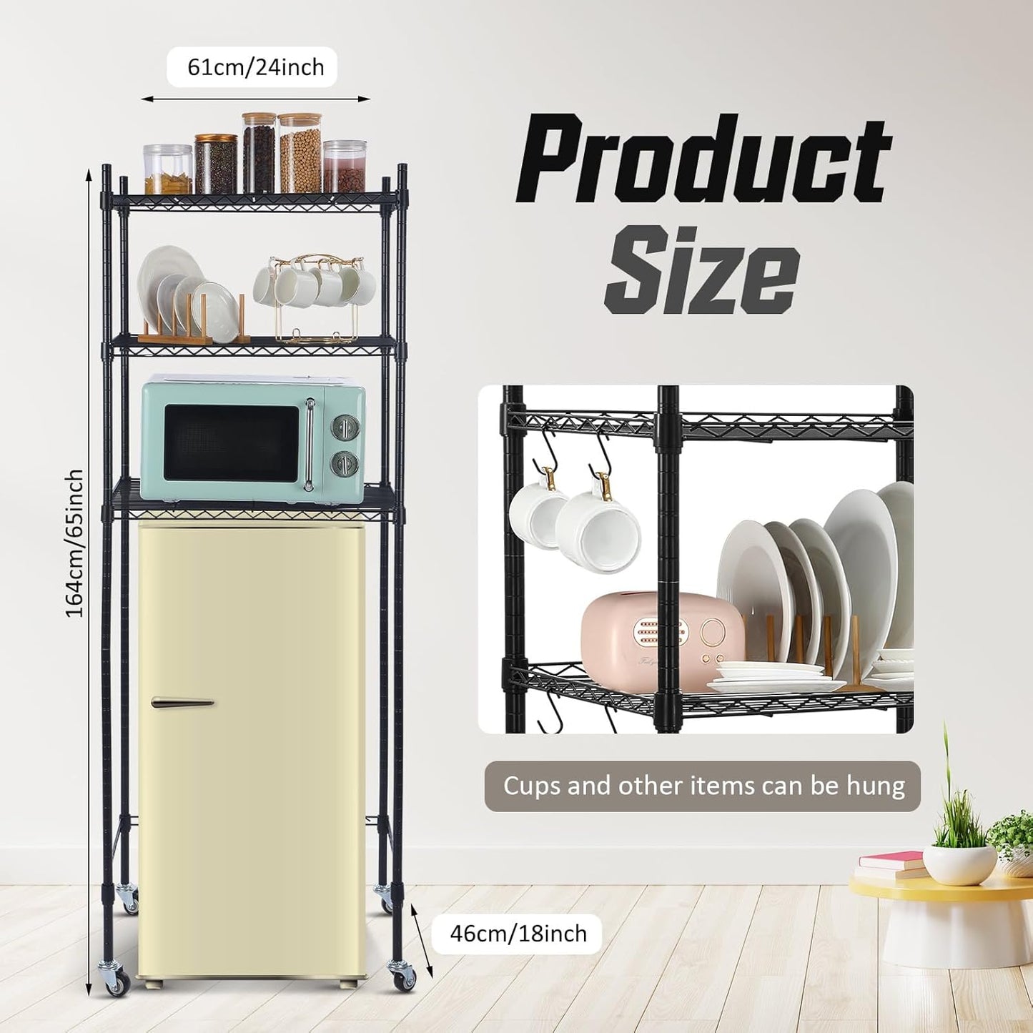 3 Tier Mini Fridge Shelf Microwave Stand Adjustable Storage Rack w/ Lockable Wheels, 8 Hook Multilayer Metal Shelving