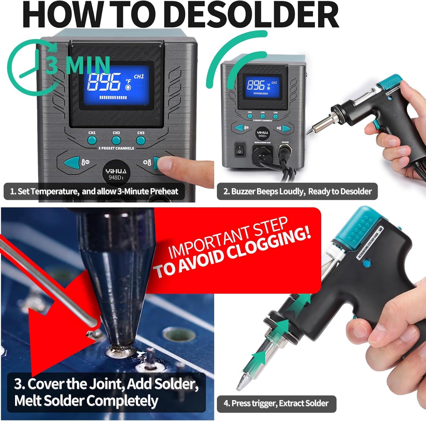 948D-I Desoldering Station 110W High Performance ESD-Safe w/ Temp Control, 716-896°F Adjustable, °C/°F Conversion