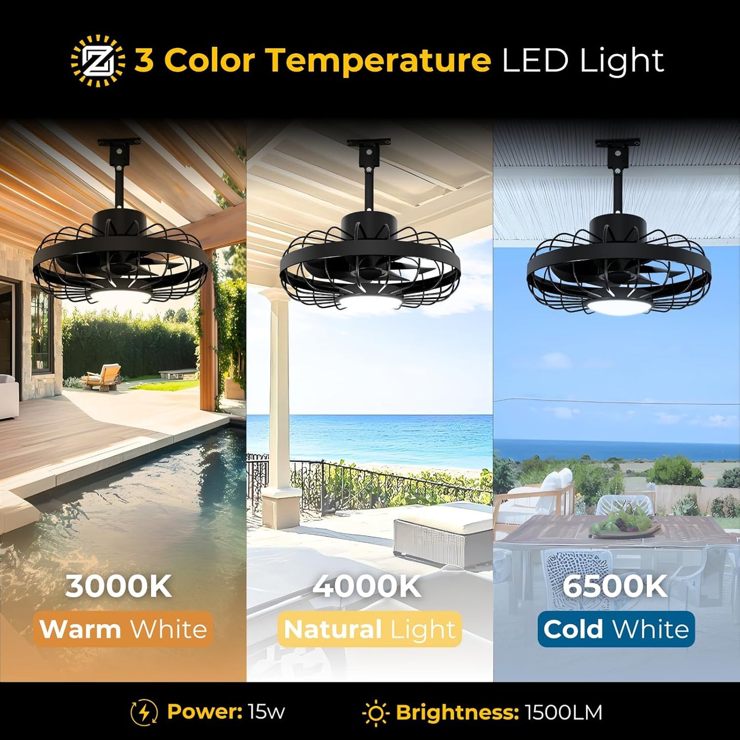 16' Outdoor Ceiling Fan with Lights for Patios, Gazebo and Pergola, Plug in Ceiling Fan w/ Remote Control, Waterproof