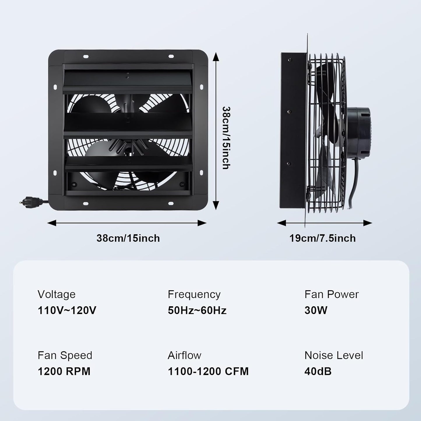 12' Exhaust Fan with Temperature Humidity Controller, 1200CFM Remote Control, 10-Speed, Wall Mount Attic Fan