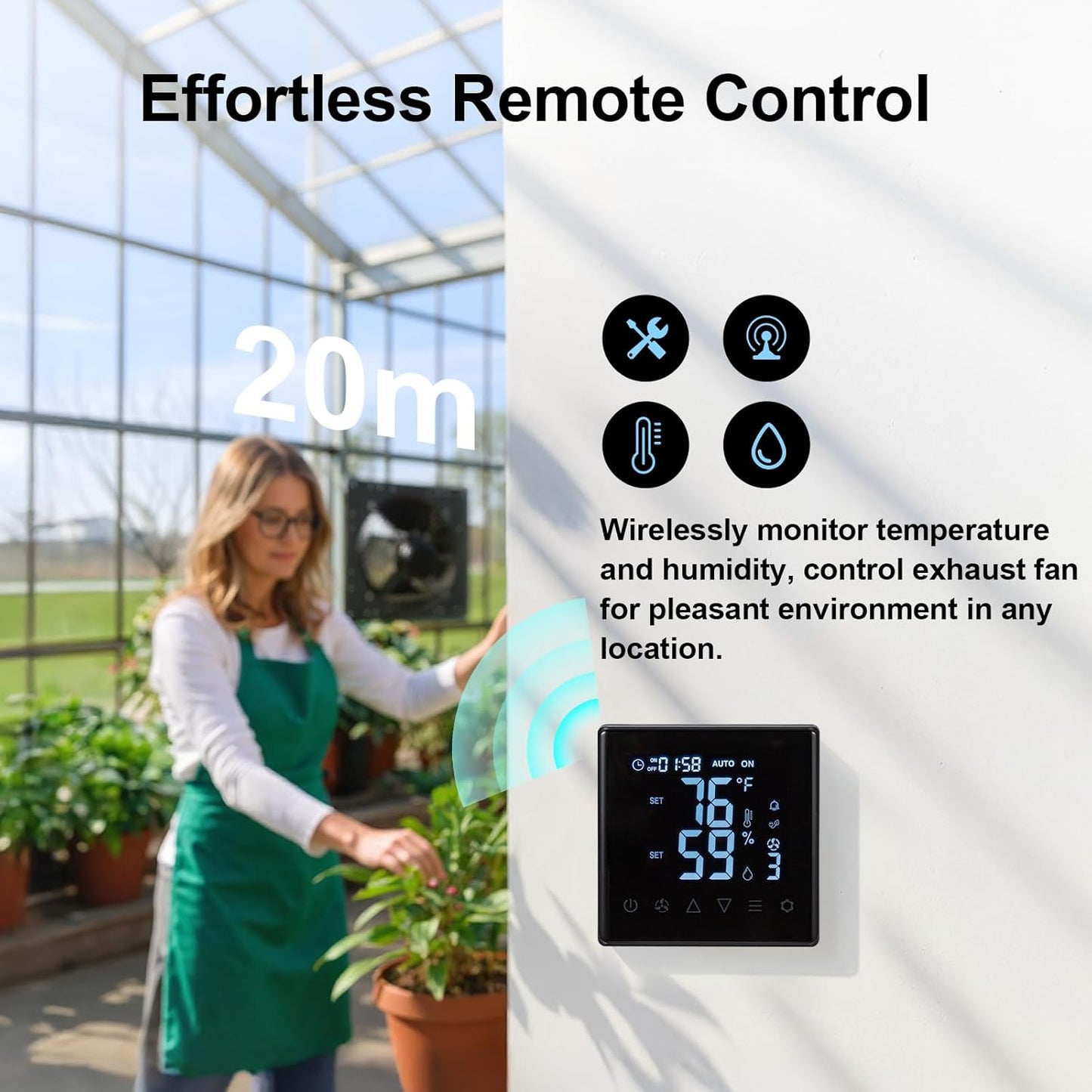 12' Exhaust Fan with Temperature Humidity Controller, 1200CFM Remote Control, 10-Speed, Wall Mount Attic Fan