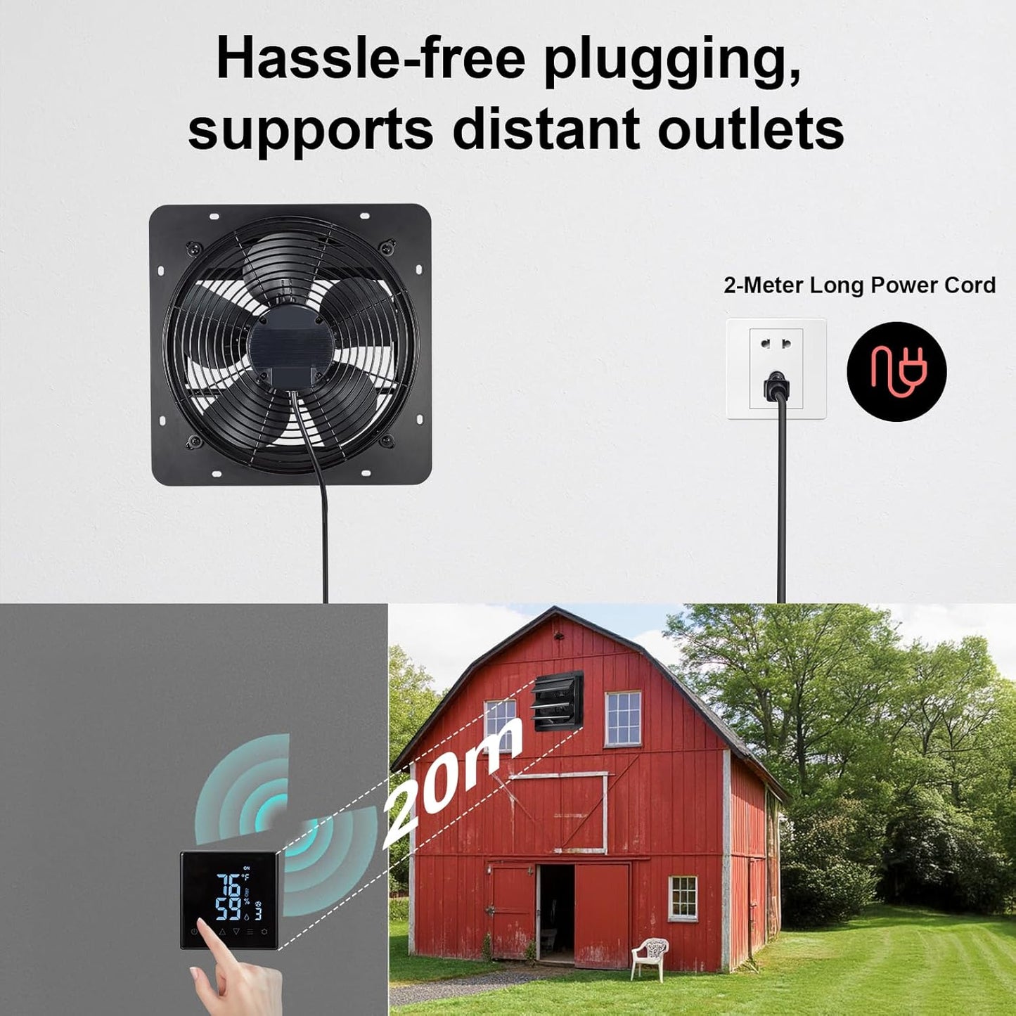 12' Exhaust Fan with Temperature Humidity Controller, 1200CFM Remote Control, 10-Speed, Wall Mount Attic Fan