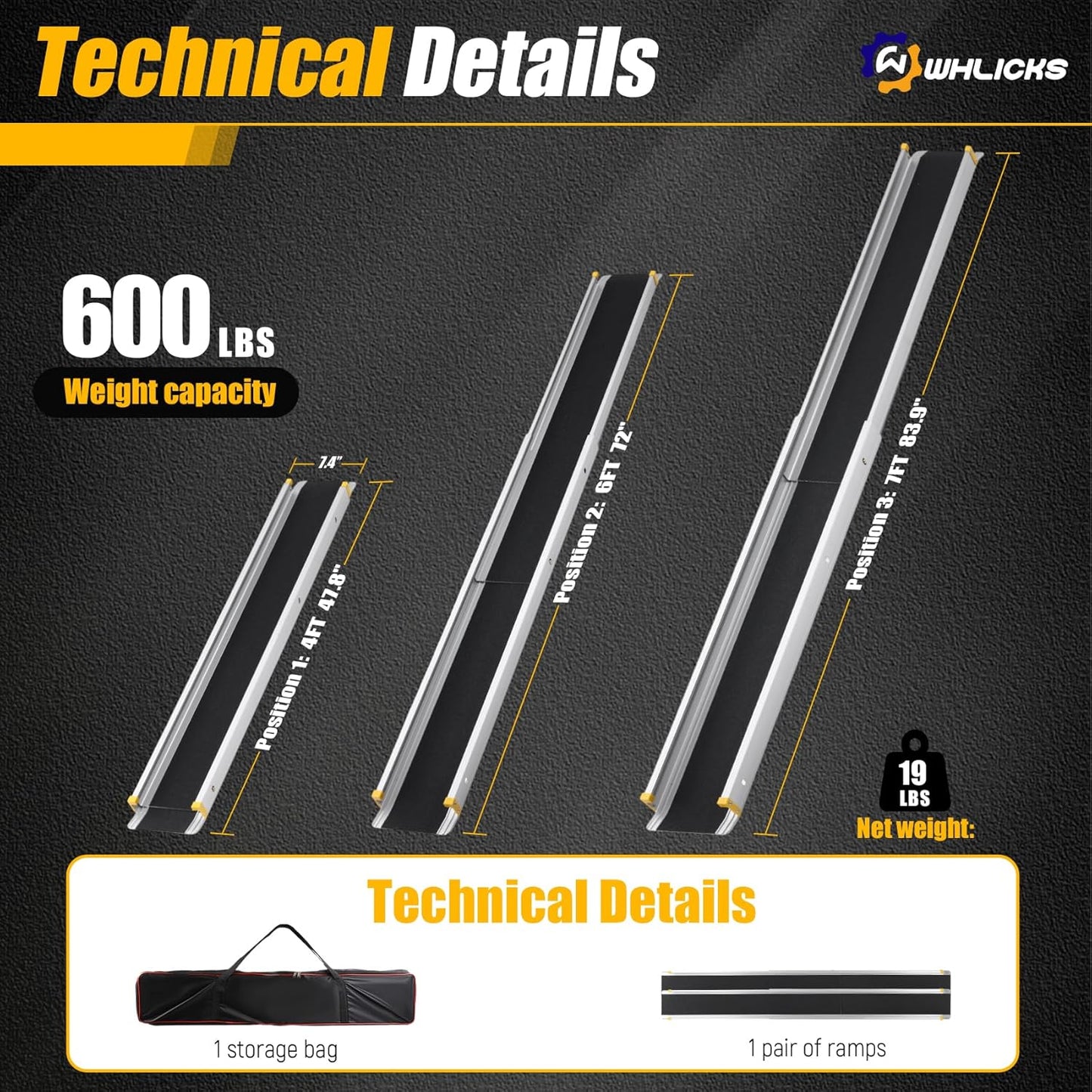 Wheelchair Ramp, Three Gears Adjustable 4-7FT Portable Telescopic Ramps, 600LBS Capacity, w/ Storage Bag