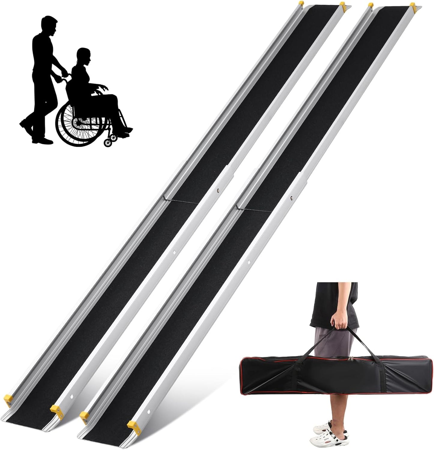 Wheelchair Ramp, Three Gears Adjustable 4-7FT Portable Telescopic Ramps, 600LBS Capacity, w/ Storage Bag