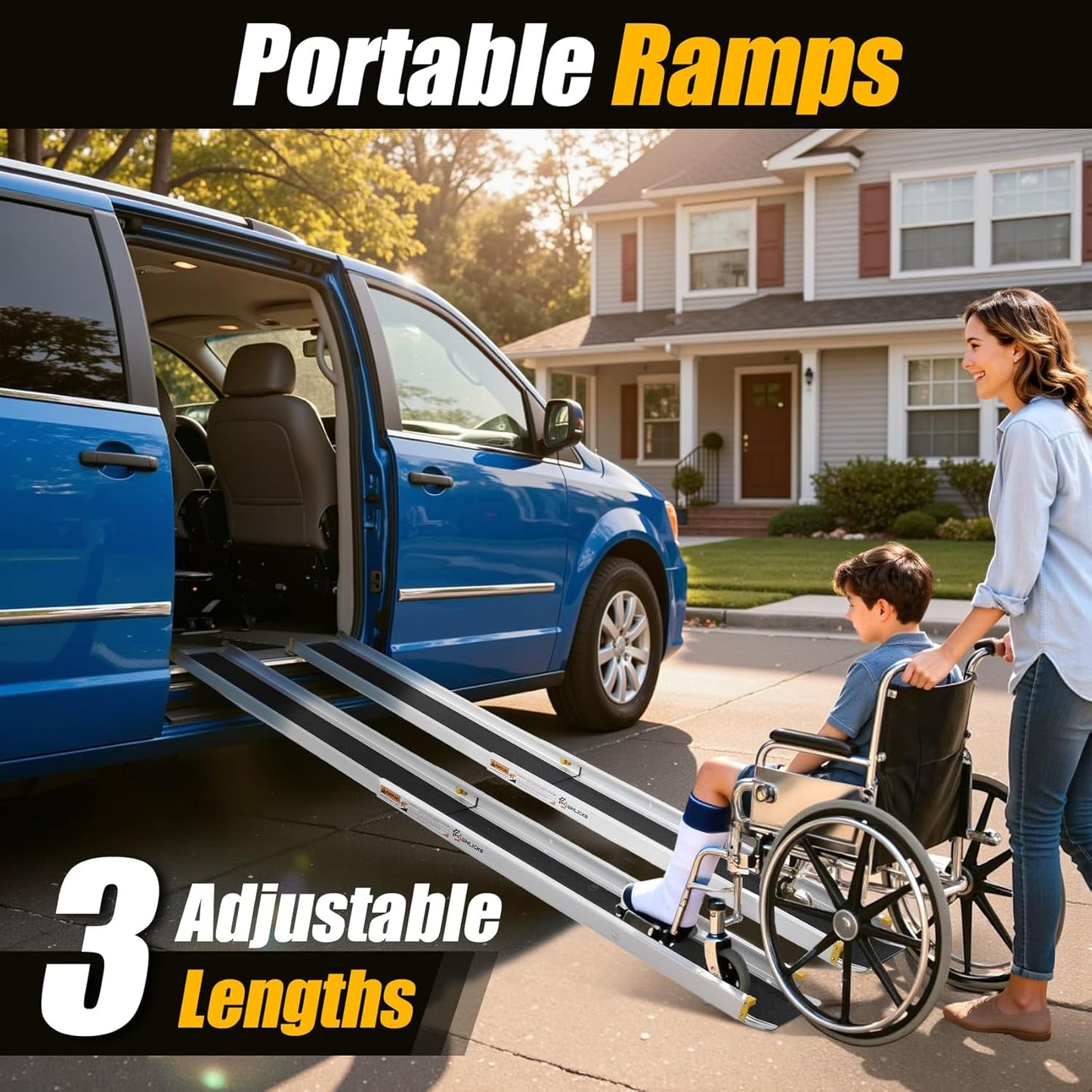 Wheelchair Ramp, Three Gears Adjustable 4-7FT Portable Telescopic Ramps, 600LBS Capacity, w/ Storage Bag