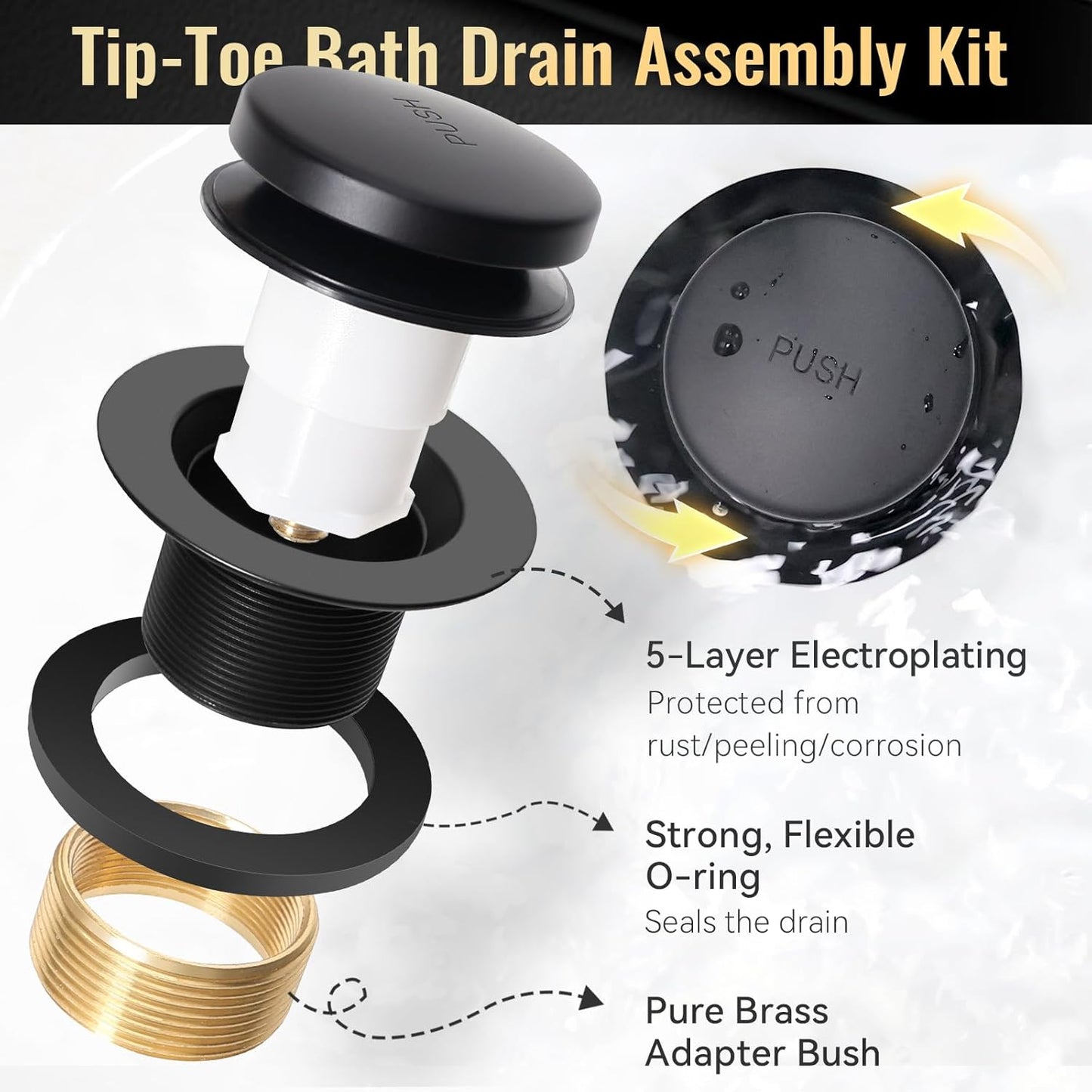 Slotted Overflow Bath Drain with Toe-Tap Stopper, Easy Installation, Matte Black