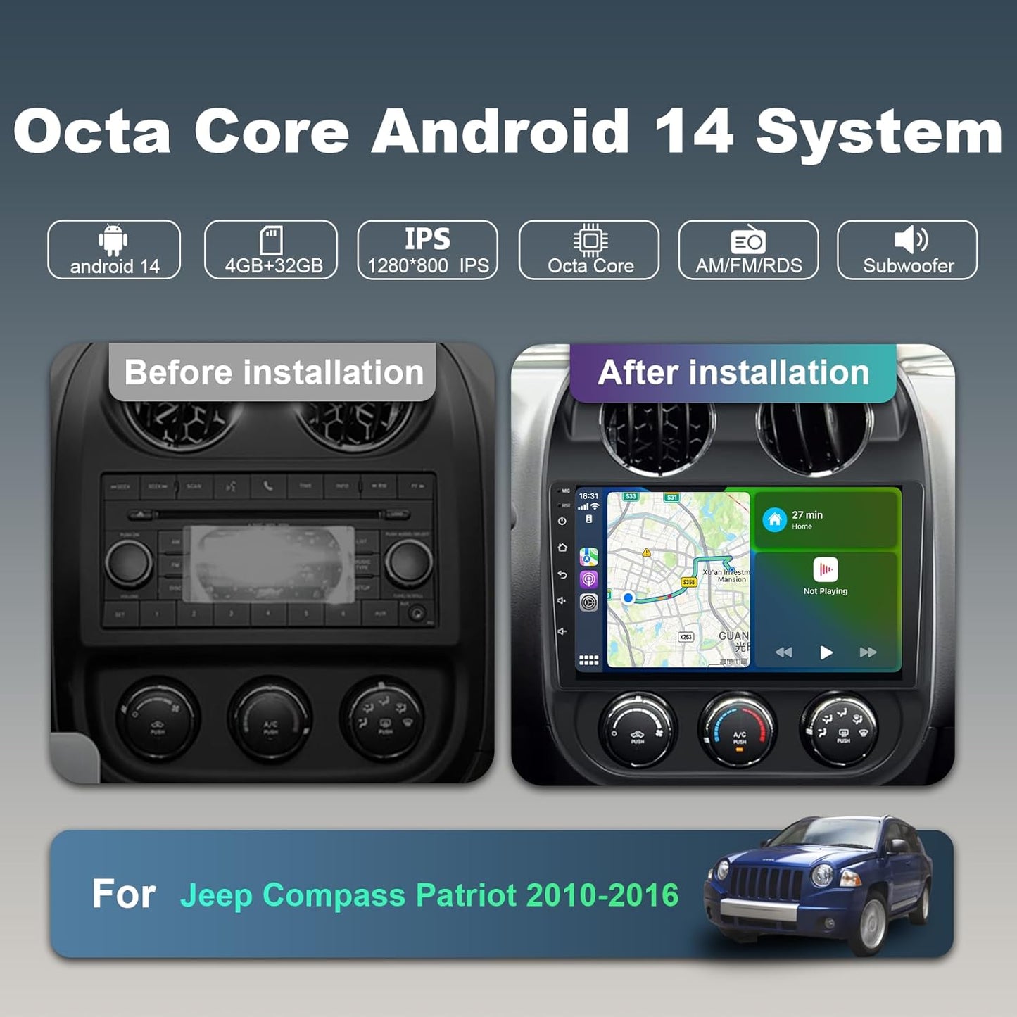 Car Stereo for Jeep Compass Patriot 2010-2016, with Wireless CarPlay/Android Auto, 10.1' HD Touchscreen