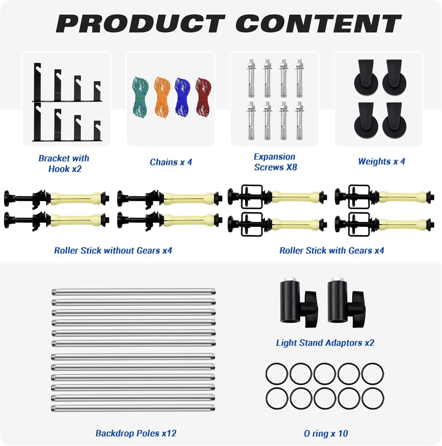 Photo Backdrop 4 Roller Support System, 118' Stainless Steel Crossbars Manual Backdrop, Stand, Wall, Ceiling
