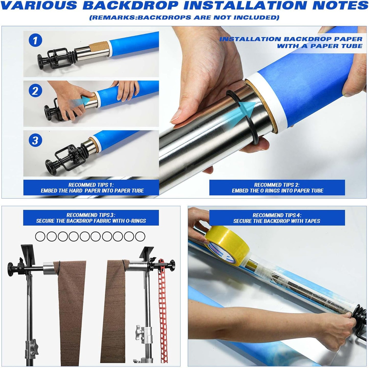 Photo Backdrop 4 Roller Support System, 118' Stainless Steel Crossbars Manual Backdrop, Stand, Wall, Ceiling