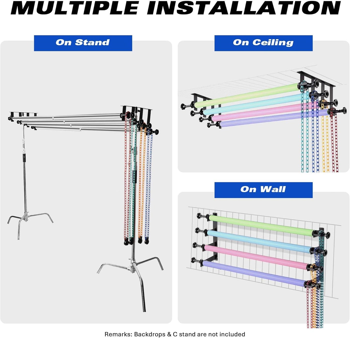 Photo Backdrop 4 Roller Support System, 118' Stainless Steel Crossbars Manual Backdrop, Stand, Wall, Ceiling