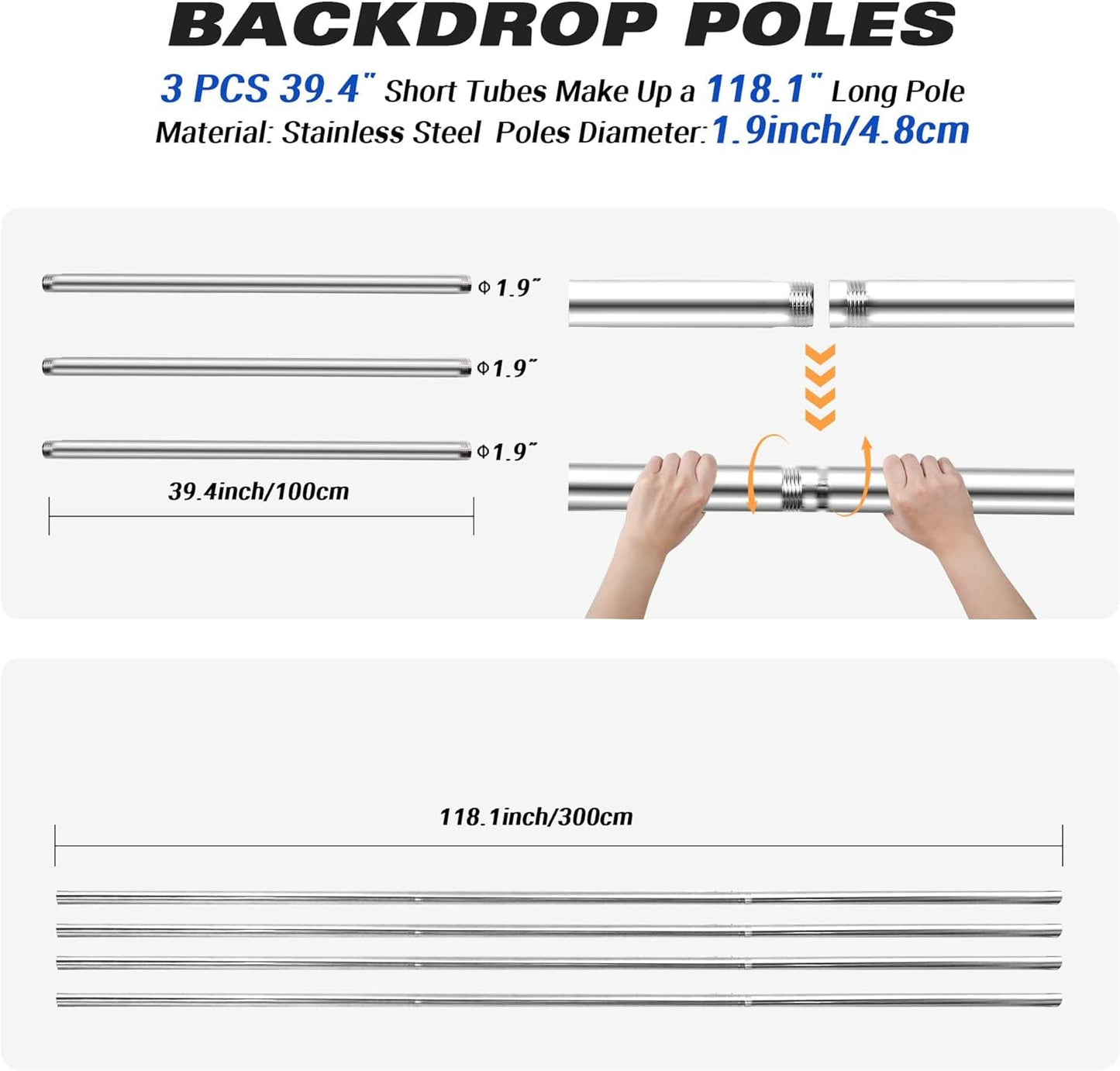 Photo Backdrop 4 Roller Support System, 118' Stainless Steel Crossbars Manual Backdrop, Stand, Wall, Ceiling