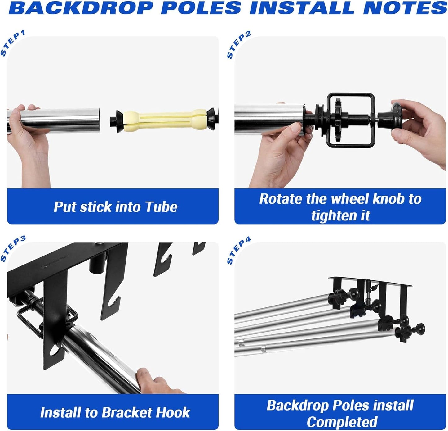 Photo Backdrop 4 Roller Support System, 118' Stainless Steel Crossbars Manual Backdrop, Stand, Wall, Ceiling