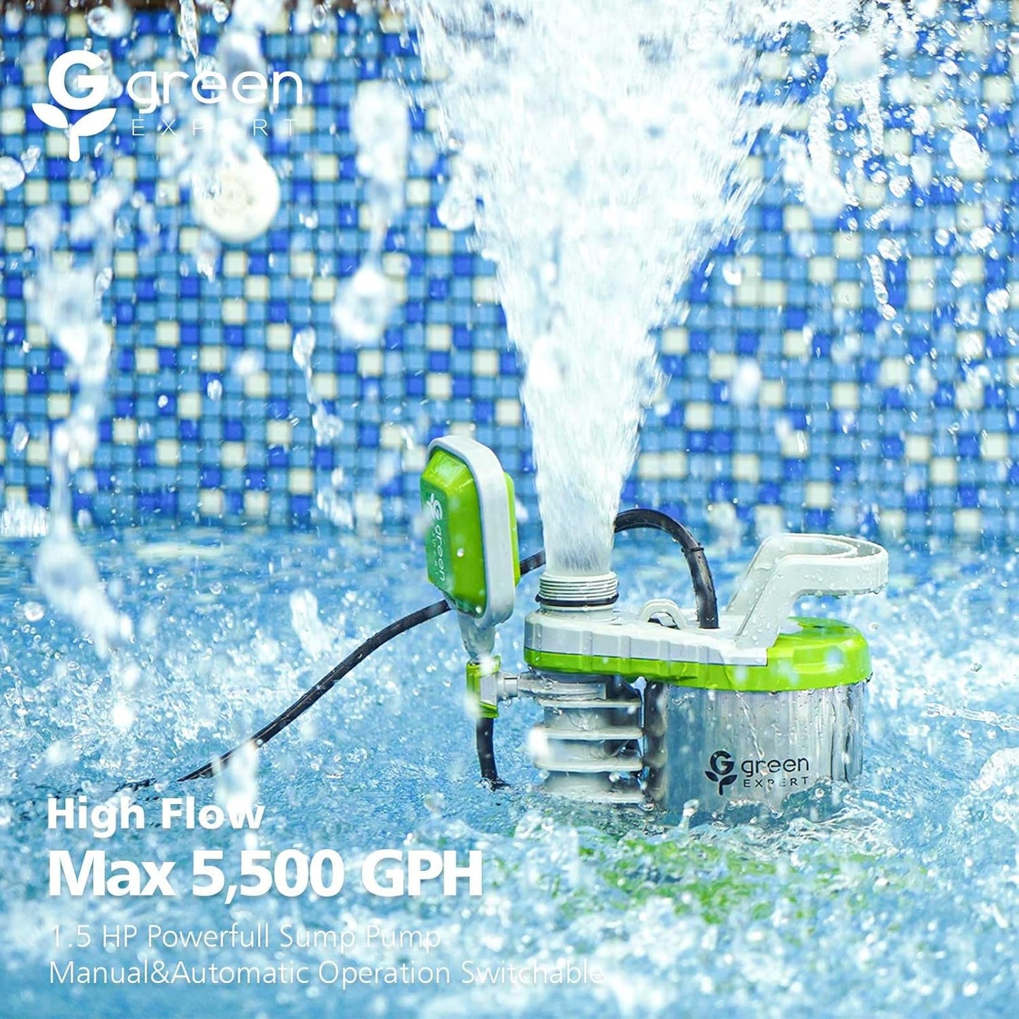 1.5HP Submersible Sump Pump, 5500GPH High Flow, 25FT Power Cord, Adjustable Float, Intake Holes Changeable