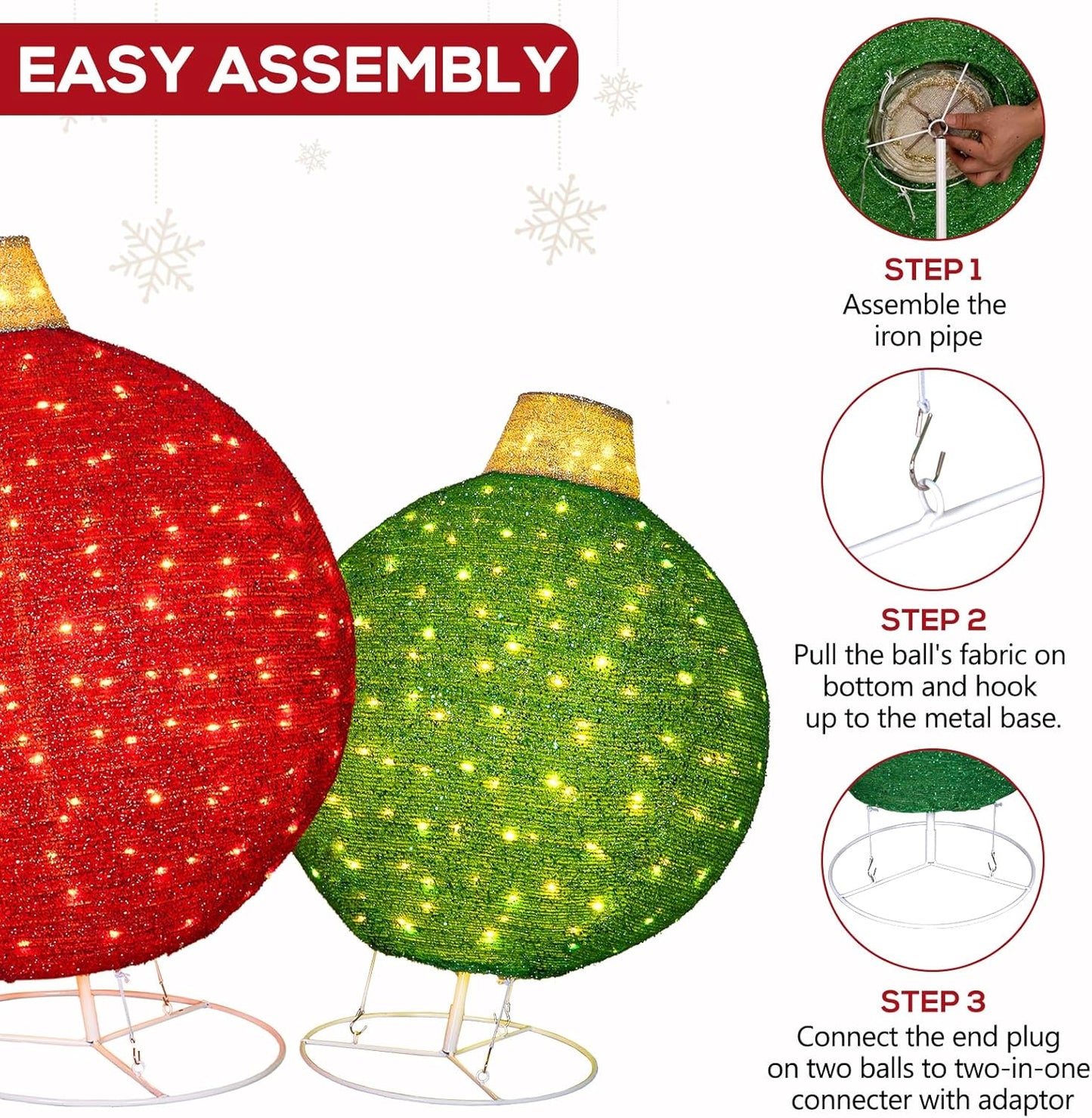 2 Pack 30' & 24' Pop-Up Iron Christmas Ornament Set, 350 Warm White LEDs with UL Transformer, 8 light functions