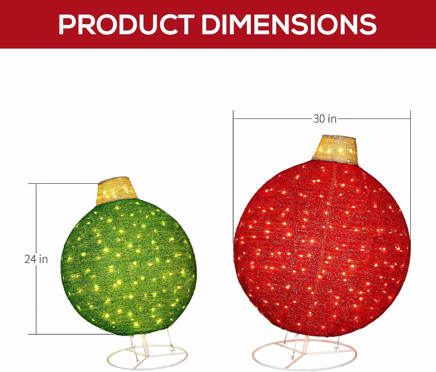 2 Pack 30' & 24' Pop-Up Iron Christmas Ornament Set, 350 Warm White LEDs with UL Transformer, 8 light functions