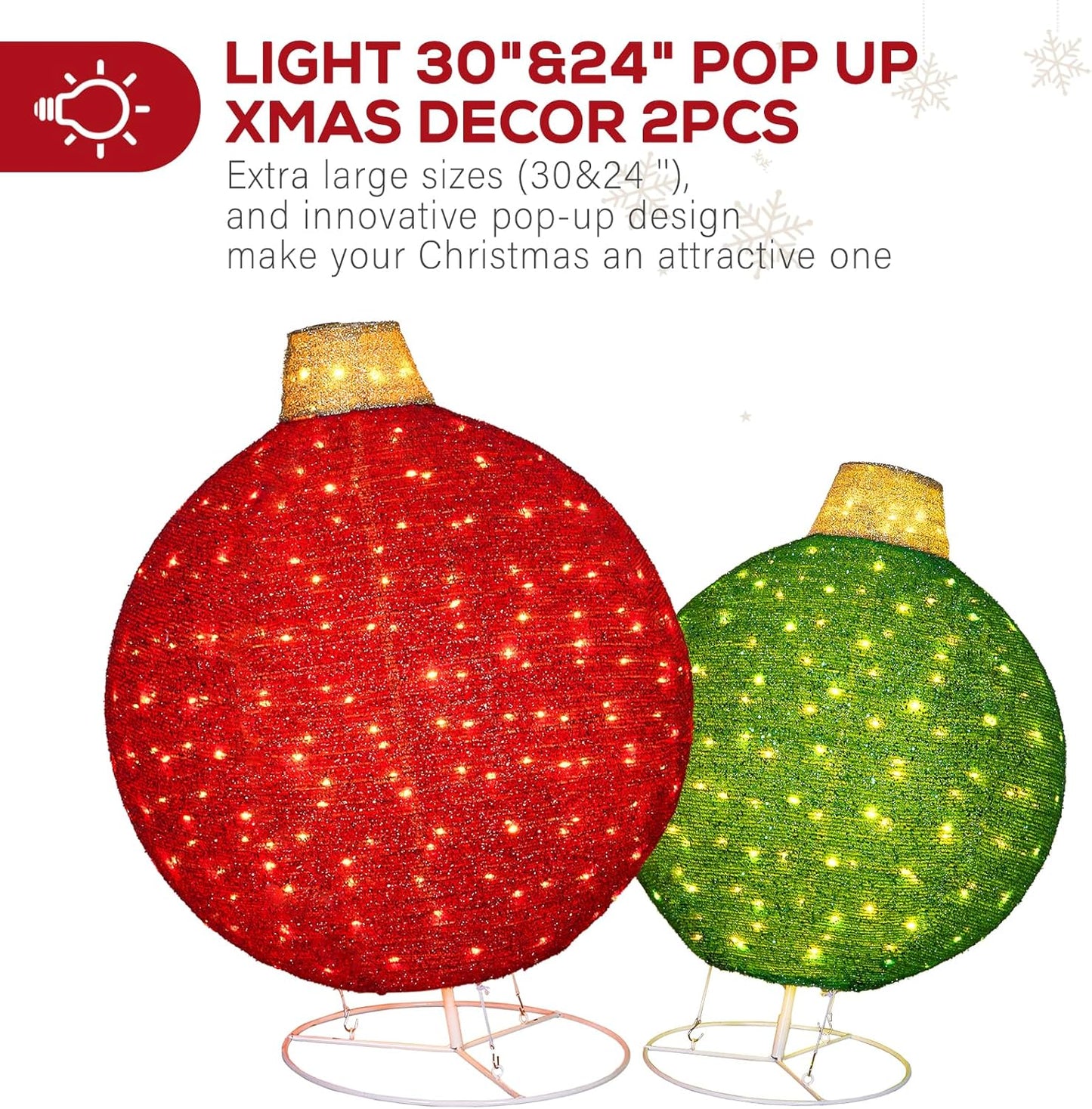2 Pack 30' & 24' Pop-Up Iron Christmas Ornament Set, 350 Warm White LEDs with UL Transformer, 8 light functions