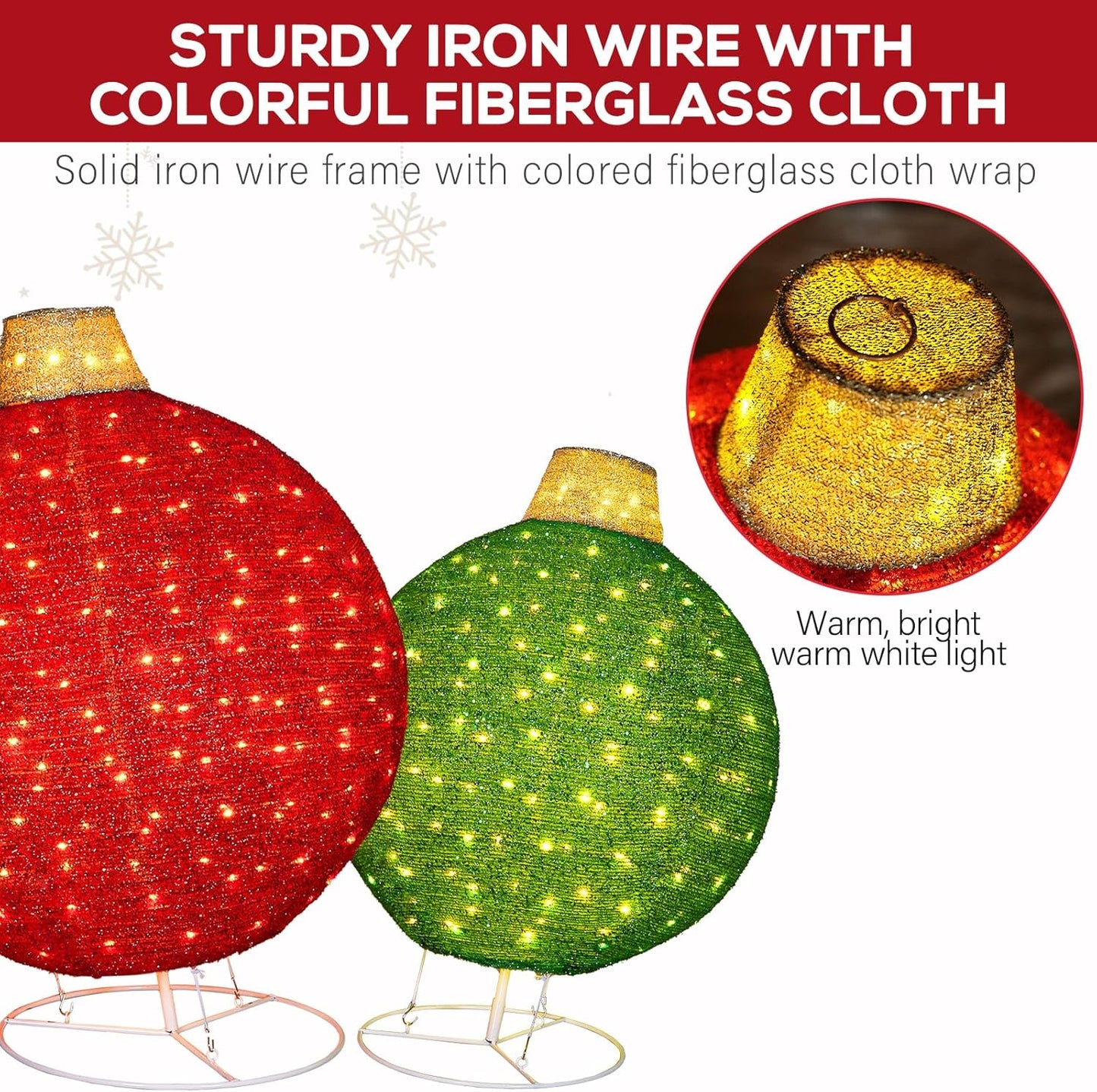 2 Pack 30' & 24' Pop-Up Iron Christmas Ornament Set, 350 Warm White LEDs with UL Transformer, 8 light functions