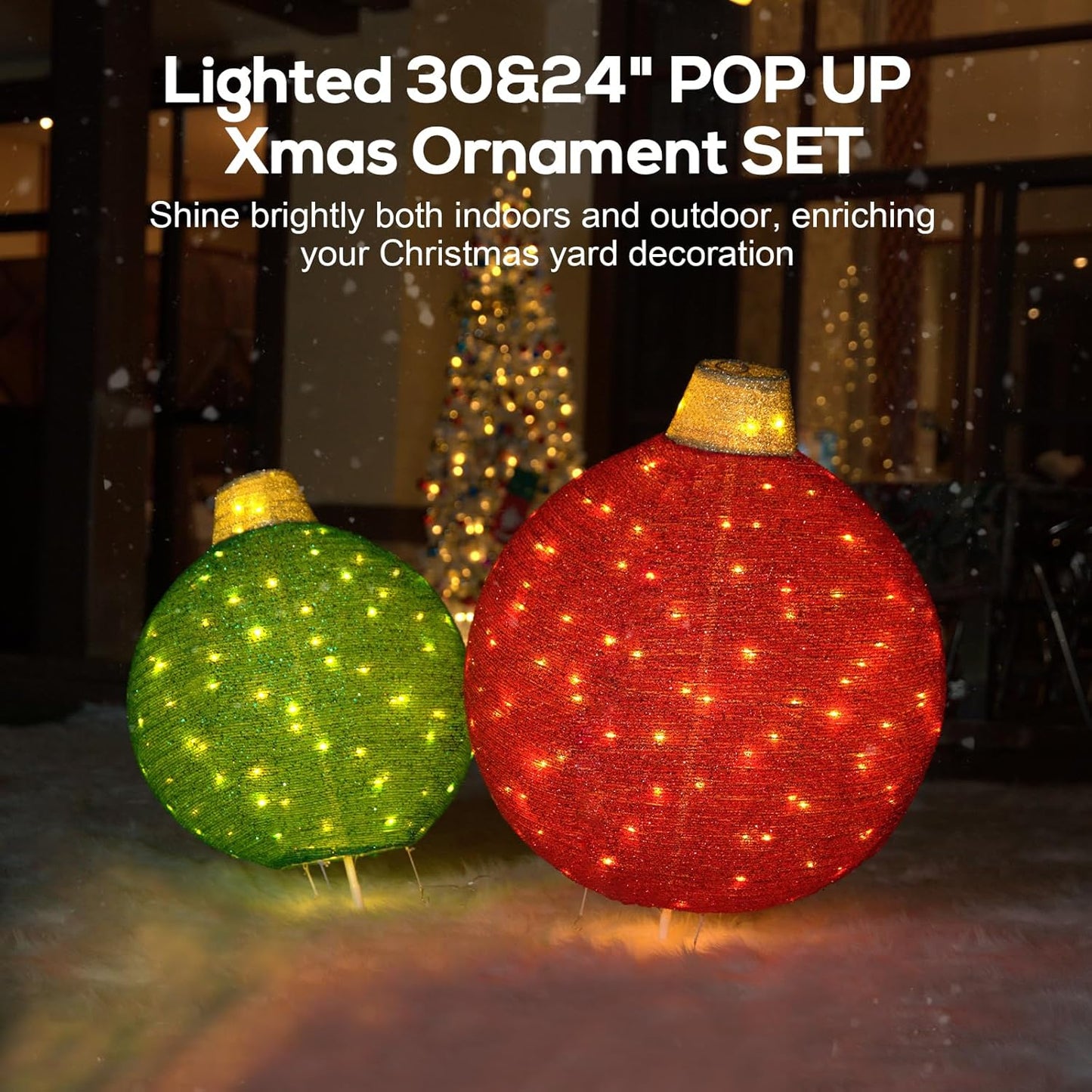 2 Pack 30' & 24' Pop-Up Iron Christmas Ornament Set, 350 Warm White LEDs with UL Transformer, 8 light functions